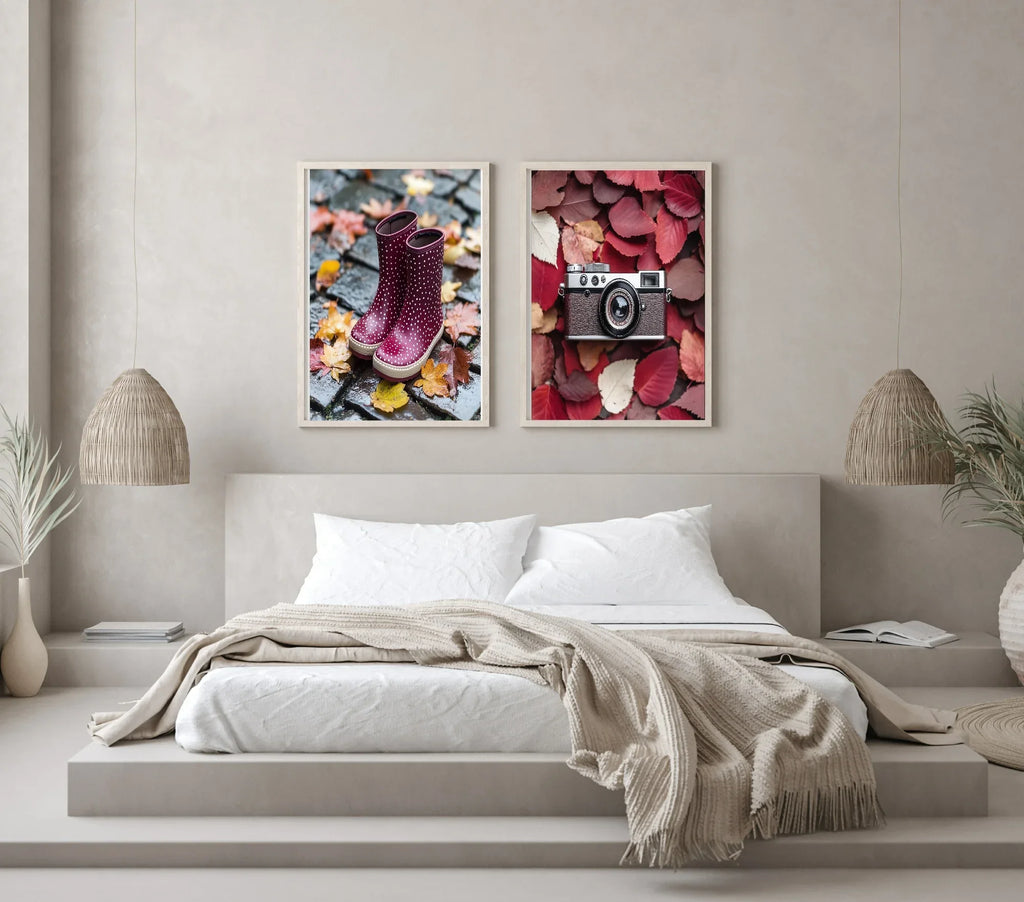 Burgundy Leaves & Wellies Print | Cosy Modern Wall Art - Larosier Prints