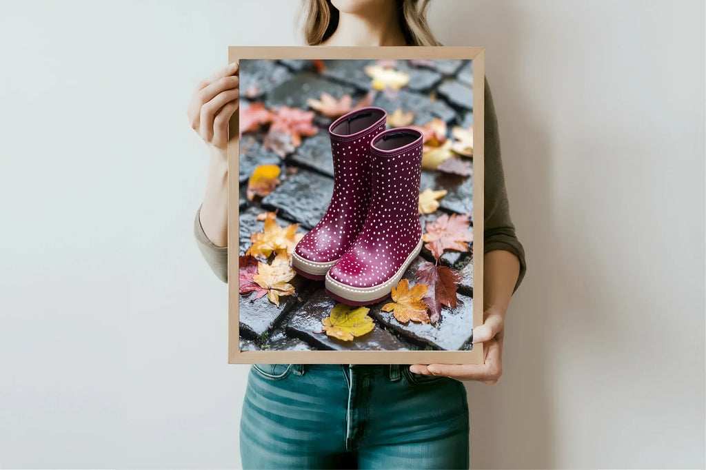 Burgundy Leaves & Wellies Print | Cosy Modern Wall Art - Larosier Prints
