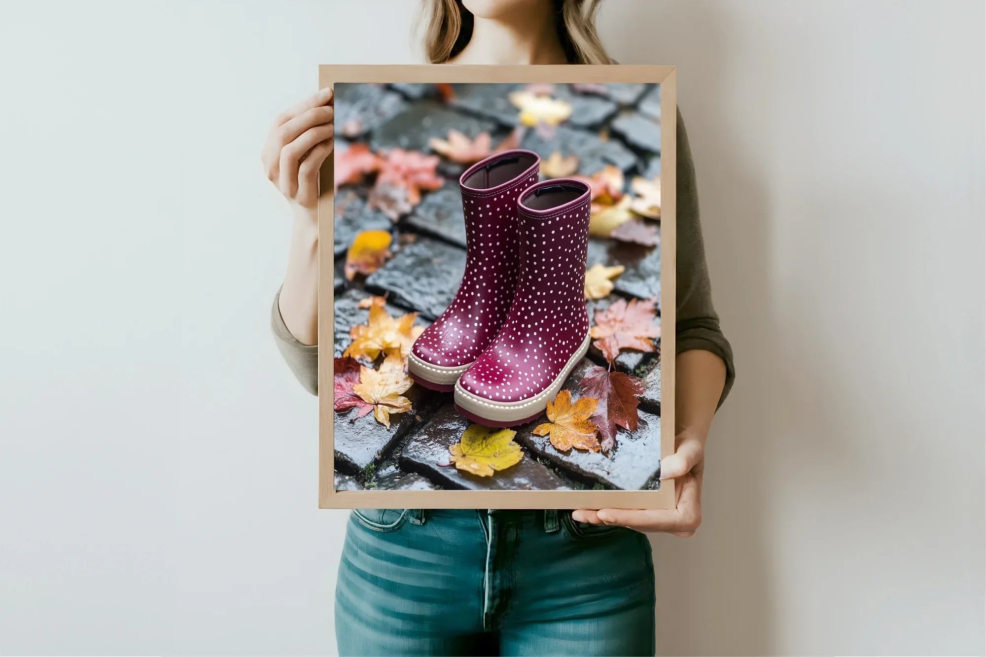 Burgundy Leaves & Wellies Print | Cosy Modern Wall Art - Larosier Prints