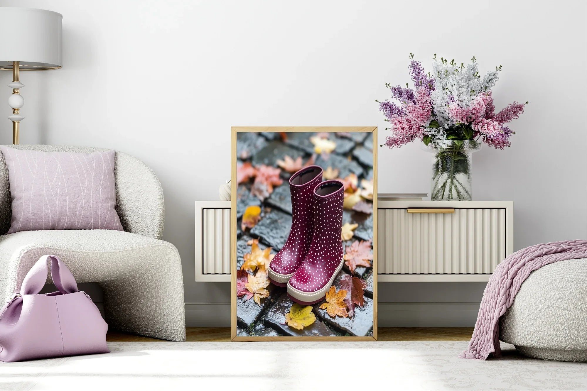 Burgundy Leaves & Wellies Print | Cosy Modern Wall Art - Larosier Prints