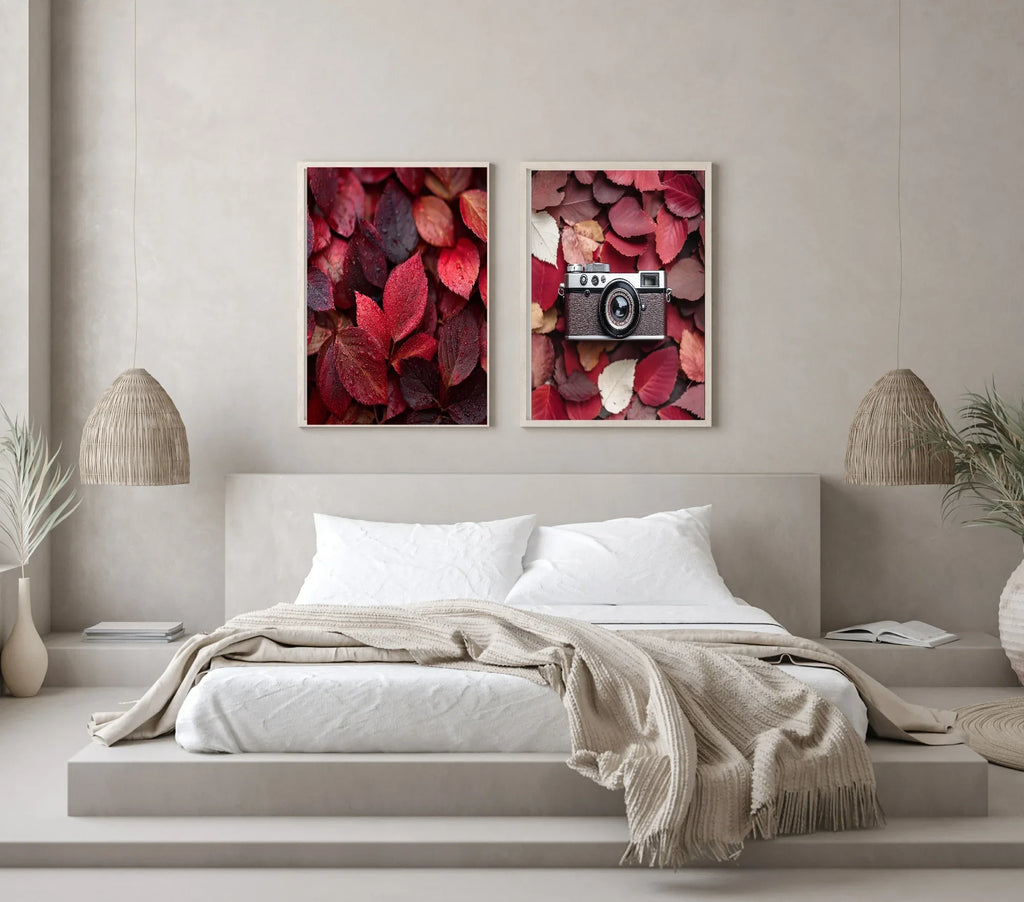 Burgundy Leaves & Camera Print | Cosy Modern Wall Art - Larosier Prints
