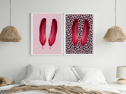 Blush Pink & Burgundy Leopard Print Feather Print | Cosy Modern Wall Art