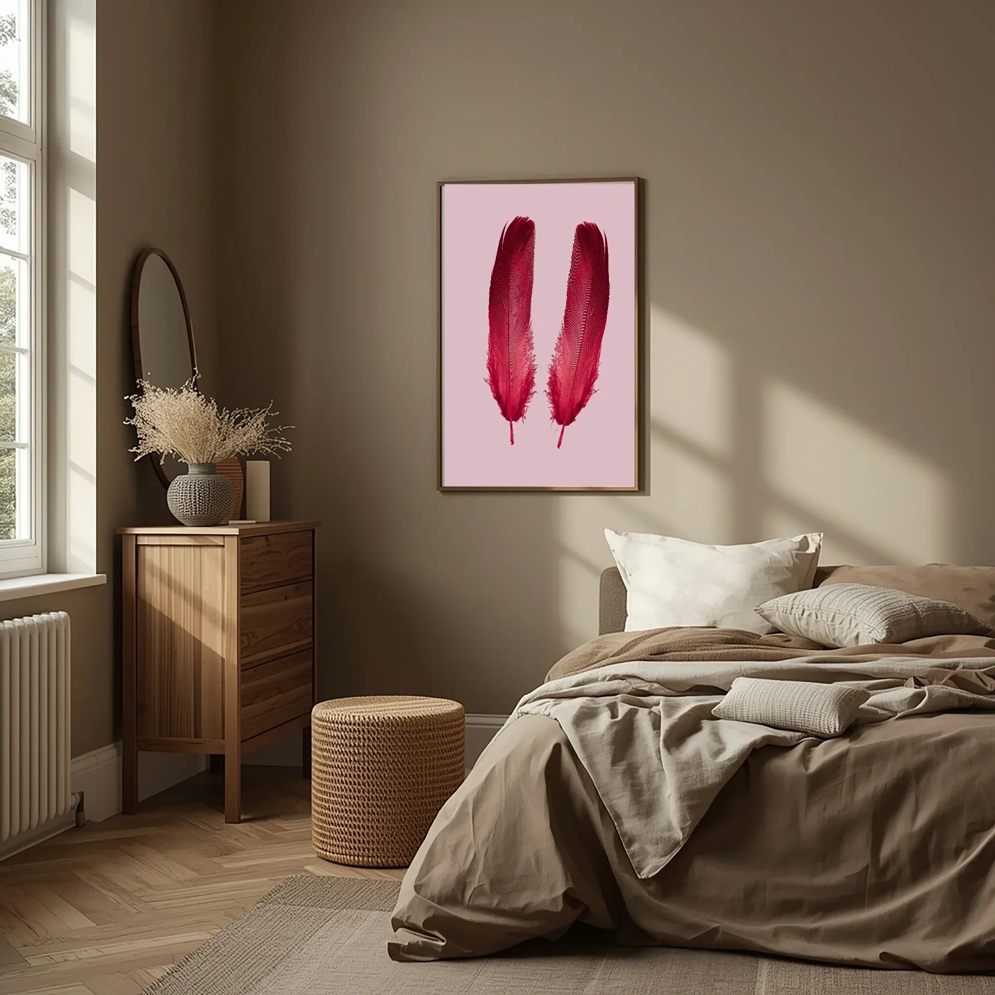 Blush Pink & Burgundy Feather Print | Cosy Modern Wall Art - Larosier Prints