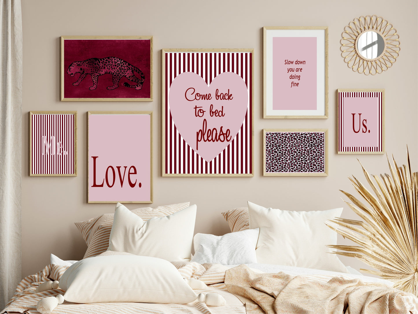 Blush Pink & Burgundy Striped Come Back To Bed Print | Cosy Modern Wall Art