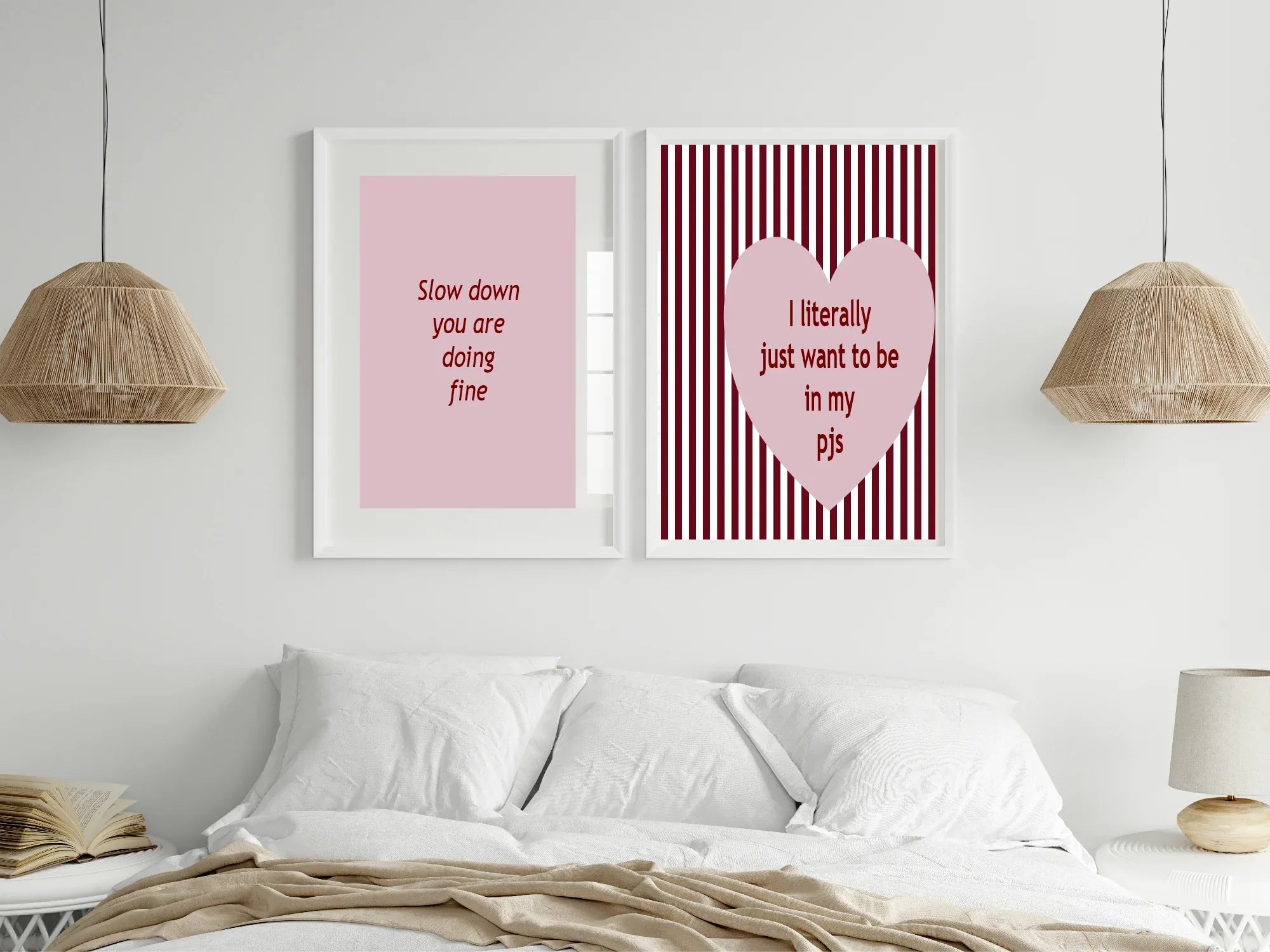 Blush Pink & Burgundy Striped PJ's Print | Cosy Modern Wall Art - Larosier Prints