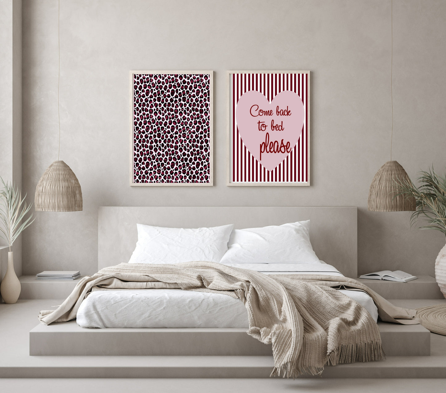 Blush Pink & Burgundy Striped Come Back To Bed Print | Cosy Modern Wall Art