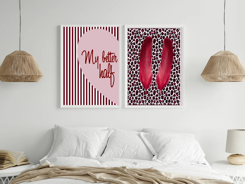 Blush Pink & Burgundy Leopard Print Feather Print | Cosy Modern Wall Art - Larosier Prints