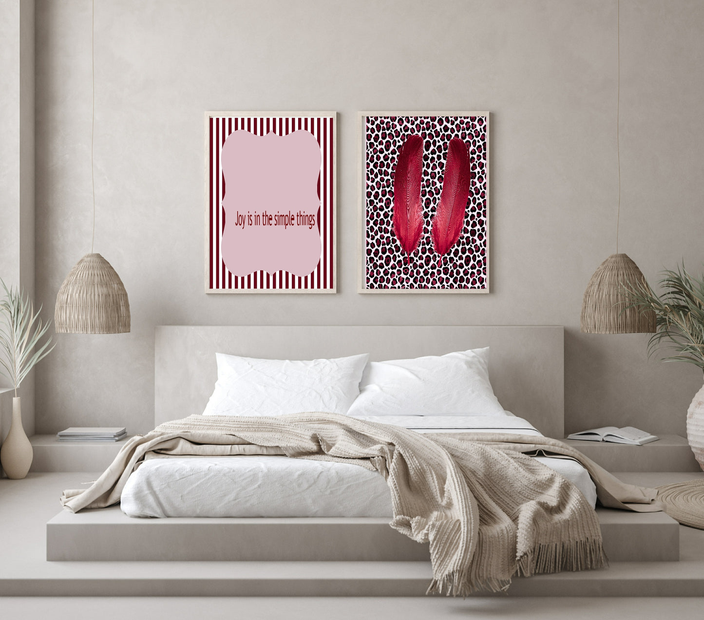 Blush Pink & Burgundy Leopard Print Feather Print | Cosy Modern Wall Art