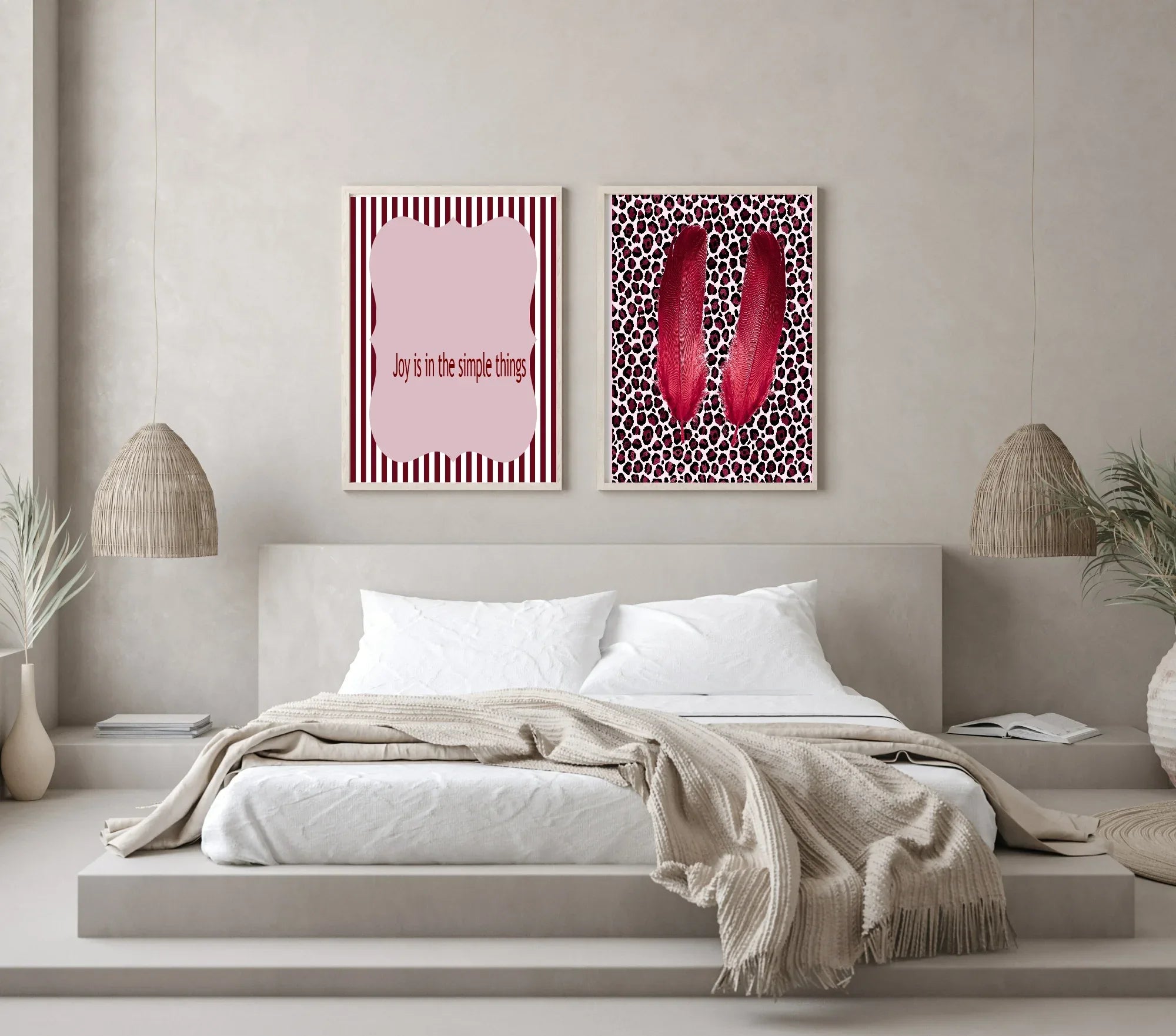 Blush Pink & Burgundy Striped Simple Joy Print | Cosy Modern Wall Art - Larosier Prints