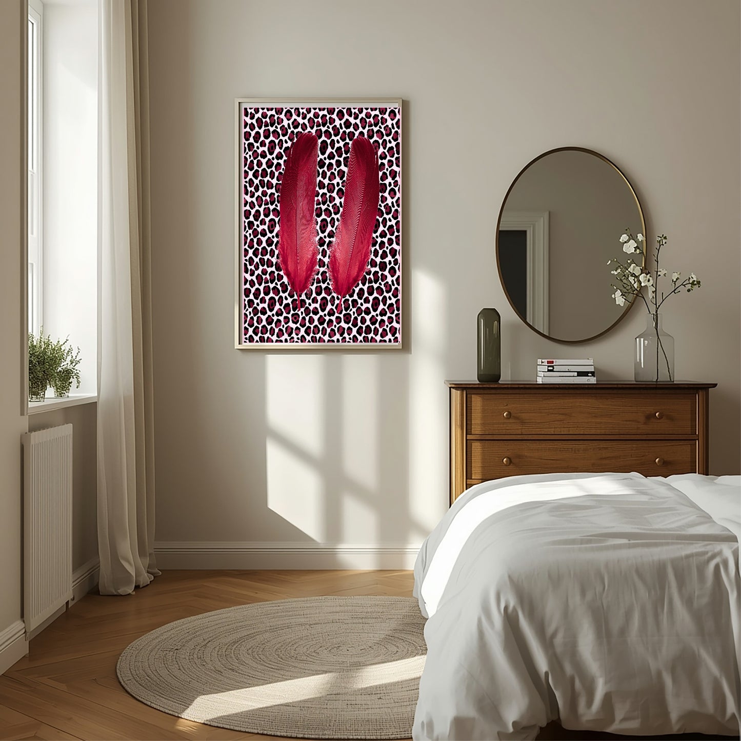 Blush Pink & Burgundy Leopard Print Feather Print | Cosy Modern Wall Art