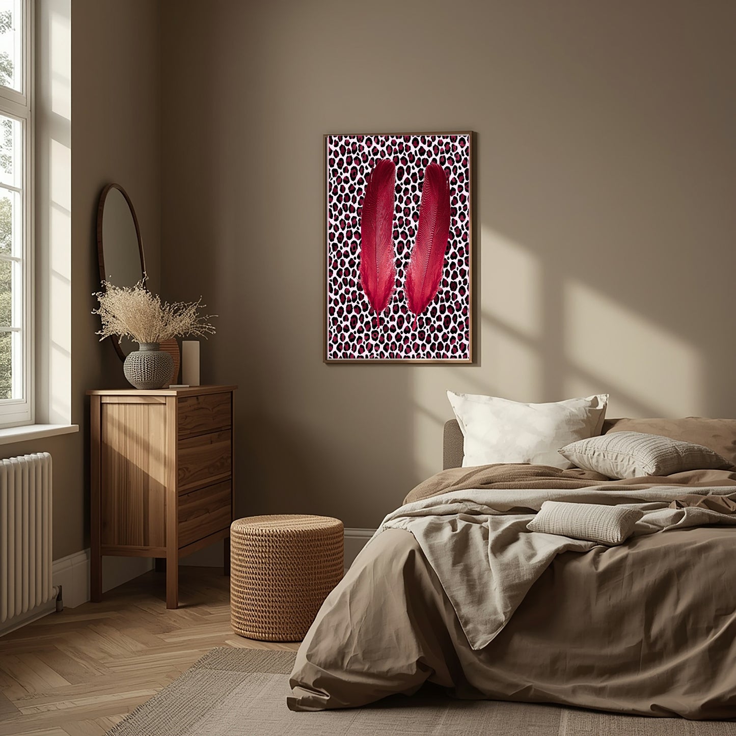 Blush Pink & Burgundy Leopard Print Feather Print | Cosy Modern Wall Art