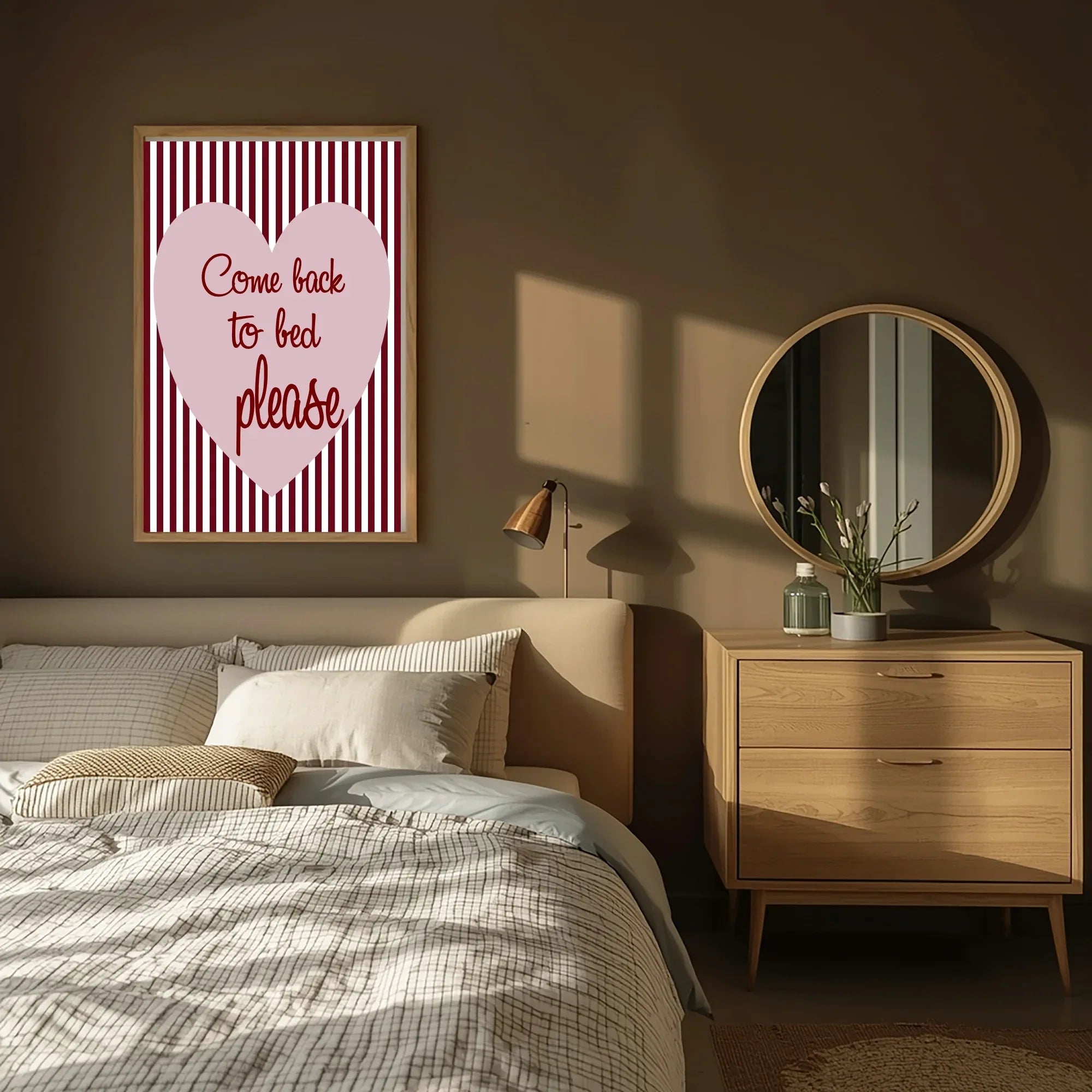 Blush Pink & Burgundy Striped Come Back To Bed Print | Cosy Modern Wall Art - Larosier Prints