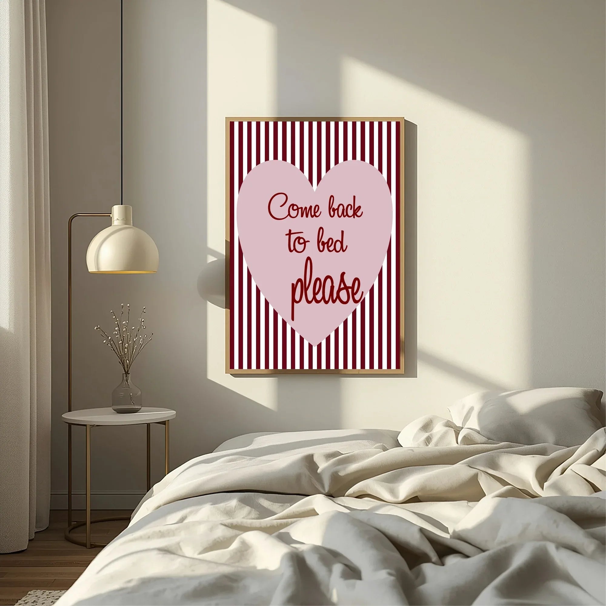 Blush Pink & Burgundy Striped Come Back To Bed Print | Cosy Modern Wall Art - Larosier Prints
