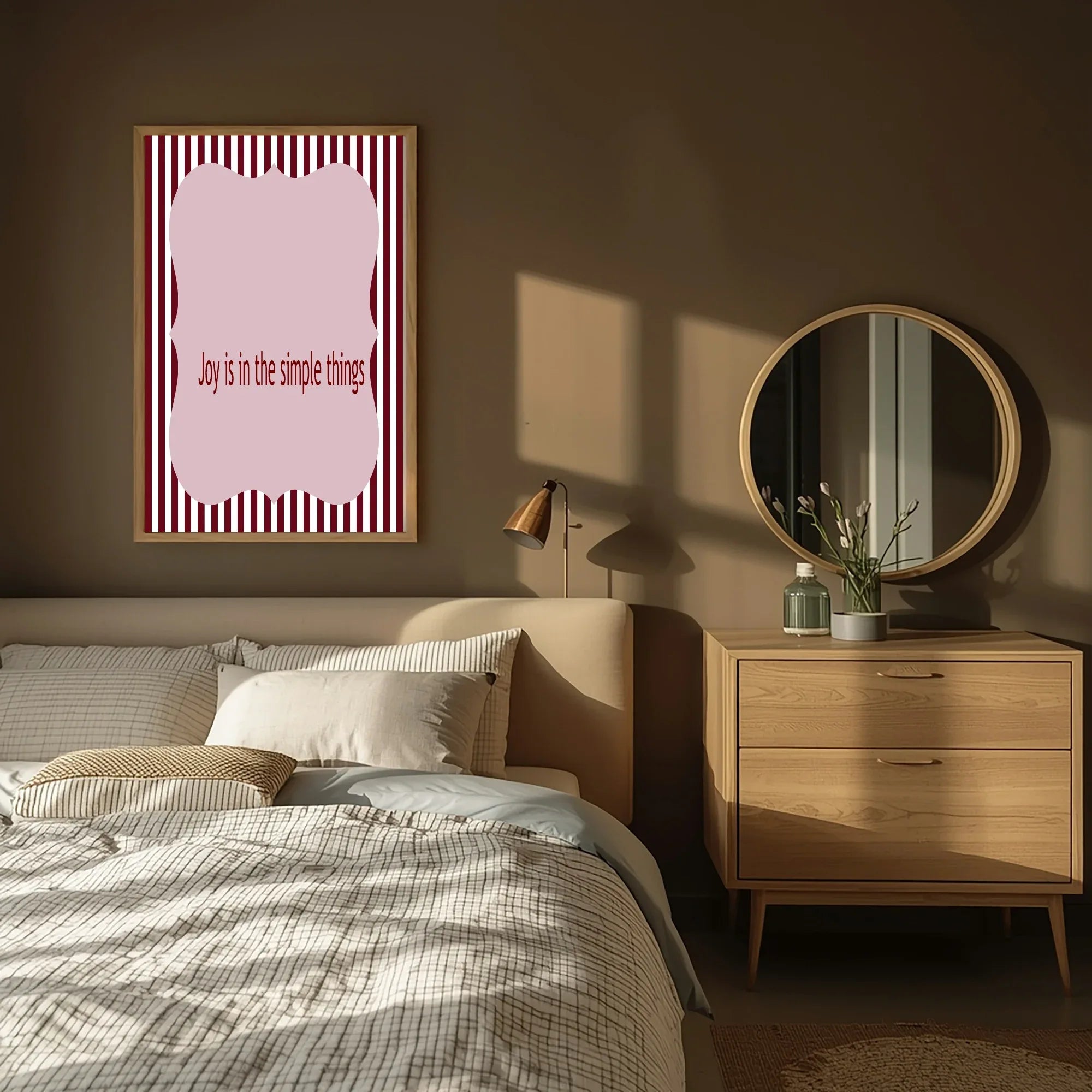 Blush Pink & Burgundy Striped Simple Joy Print | Cosy Modern Wall Art - Larosier Prints