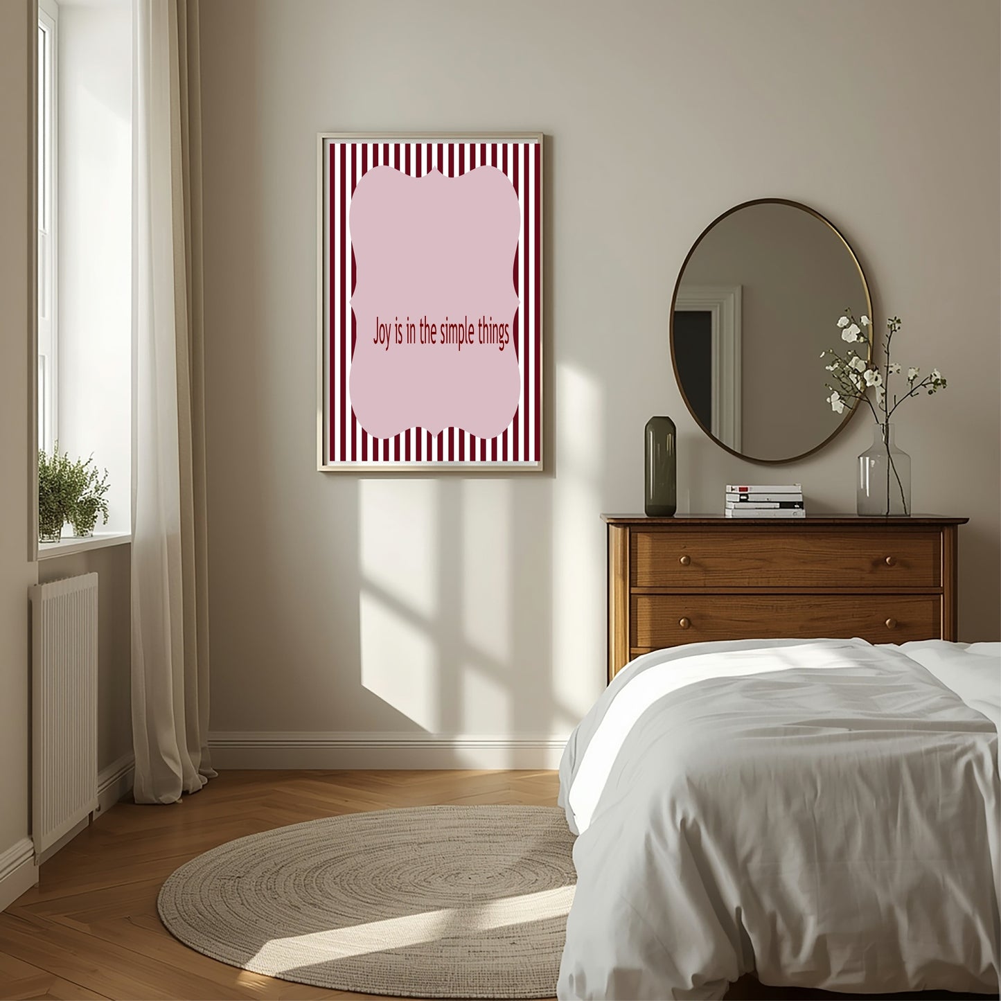Blush Pink & Burgundy Striped Simple Joy Print | Cosy Modern Wall Art