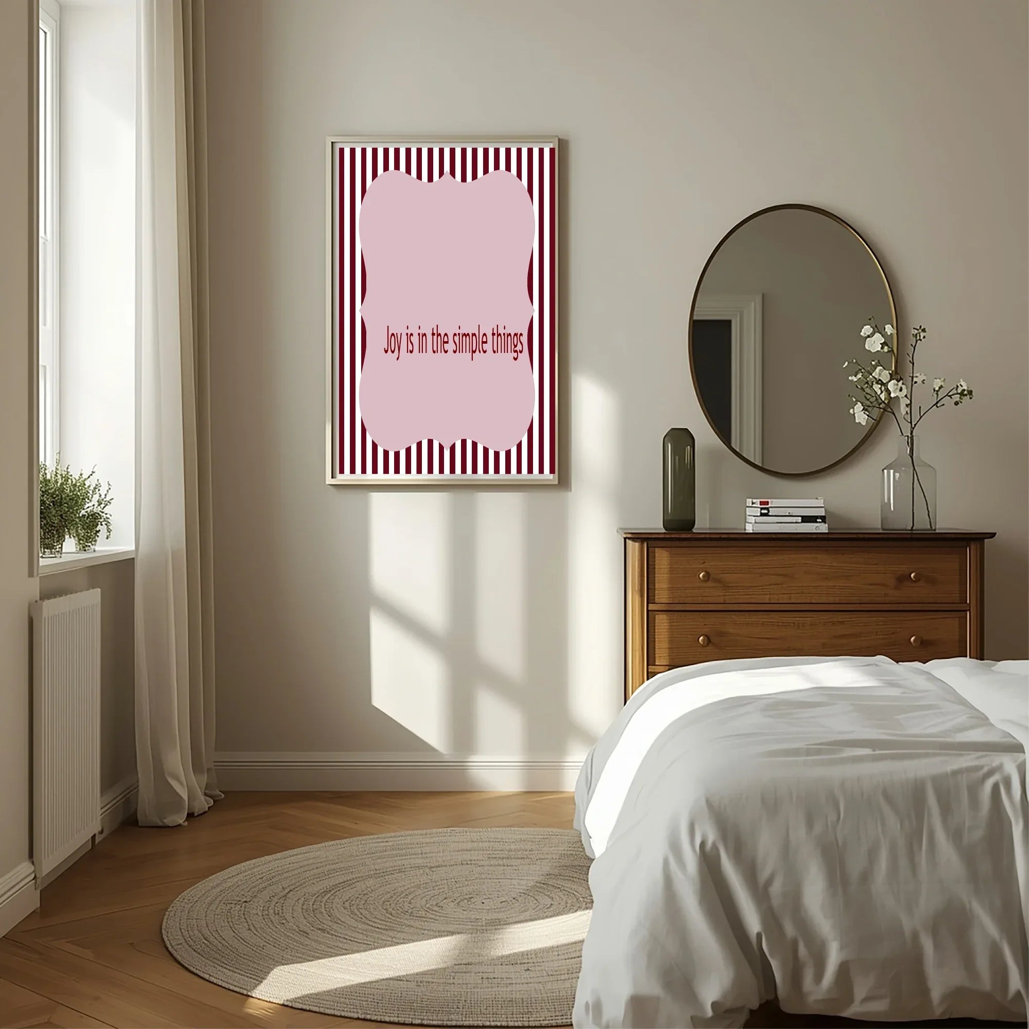 Blush Pink & Burgundy Striped Simple Joy Print | Cosy Modern Wall Art - Larosier Prints
