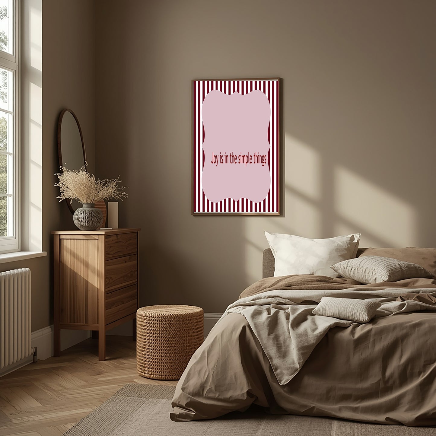 Blush Pink & Burgundy Striped Simple Joy Print | Cosy Modern Wall Art