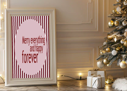 Framed Christmas-themed print with decorative tree and presents in a festive room.