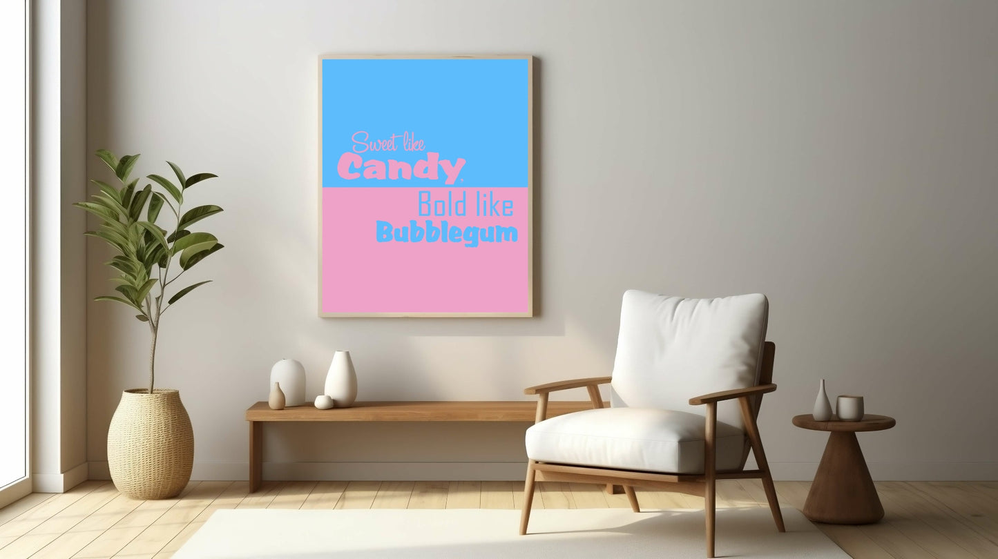 Modern living room with a white armchair, plant, and colorful wall art.