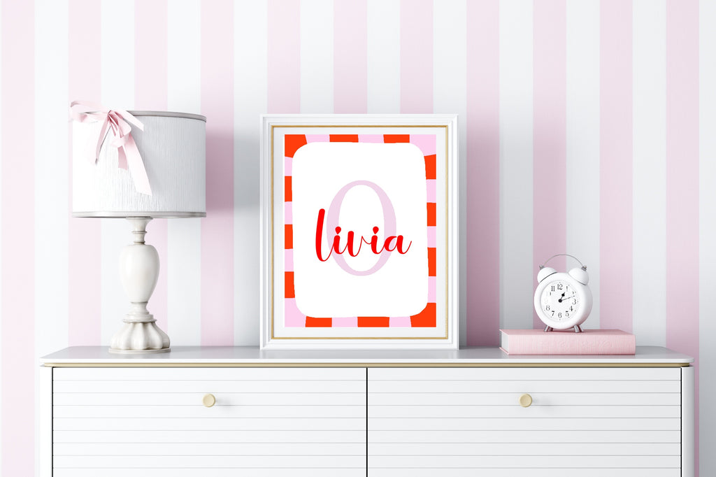 Personalised Red & Pink Initial Name Print | Kids Wall Art