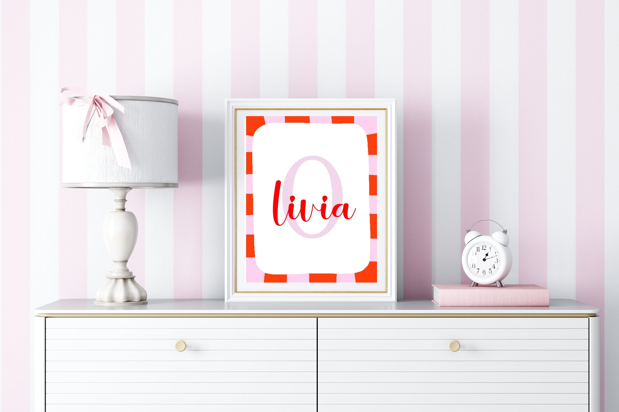 Personalised Red & Pink Initial Name Print | Kids Wall Art
