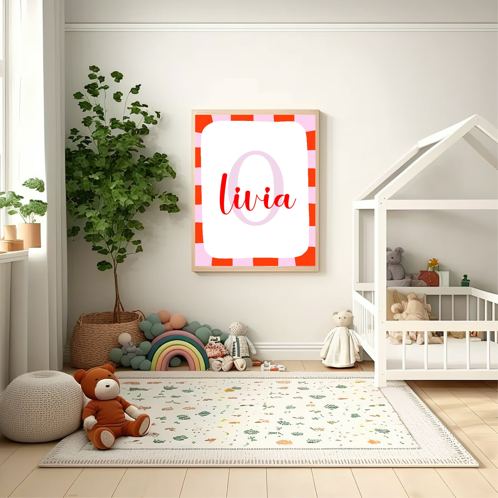 Personalised Red & Pink Initial Name Print | Kids Wall Art