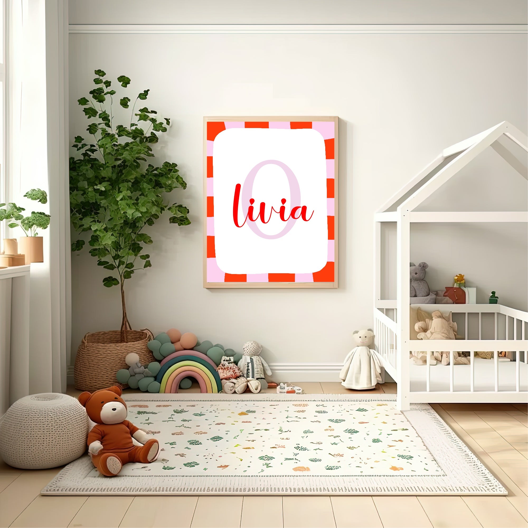Personalised Red & Pink Initial Name Print | Kids Wall Art