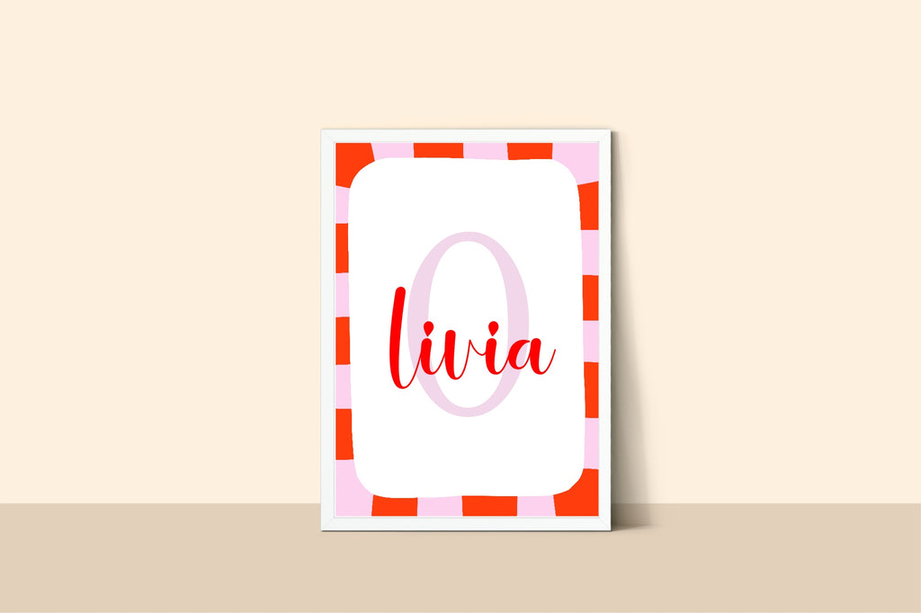 Personalised Red & Pink Initial Name Print | Kids Wall Art