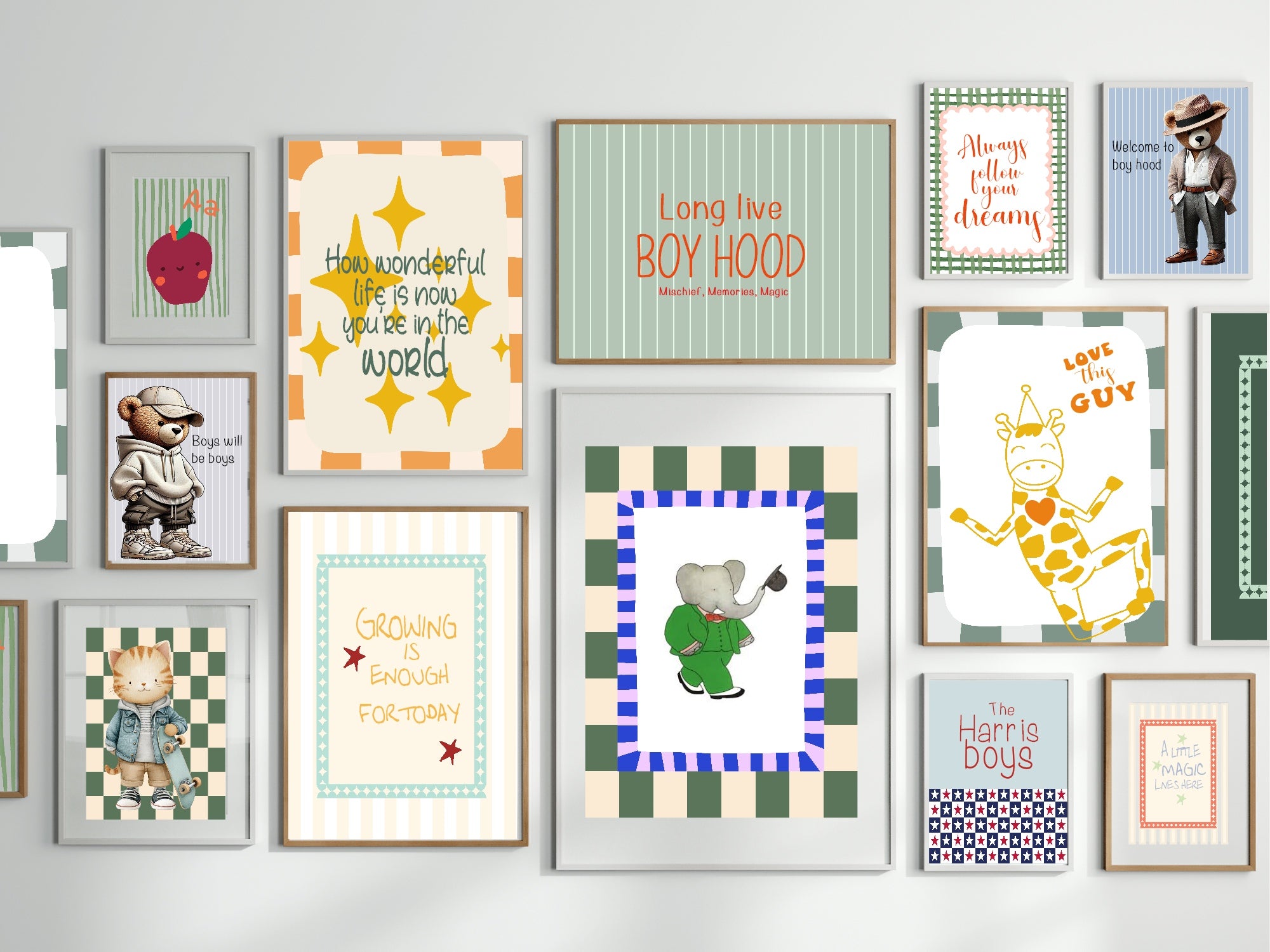 Collection of framed children's posters on a wall