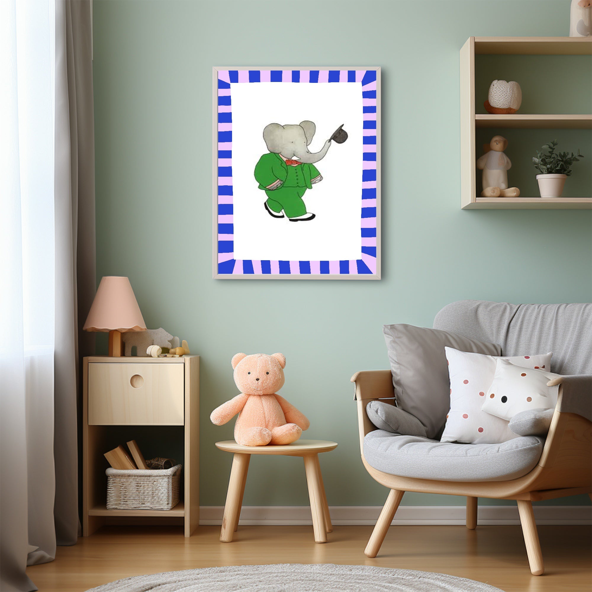 Children's room with a framed picture of an elephant, teddy bear on a stool, and a chair with cushions.
