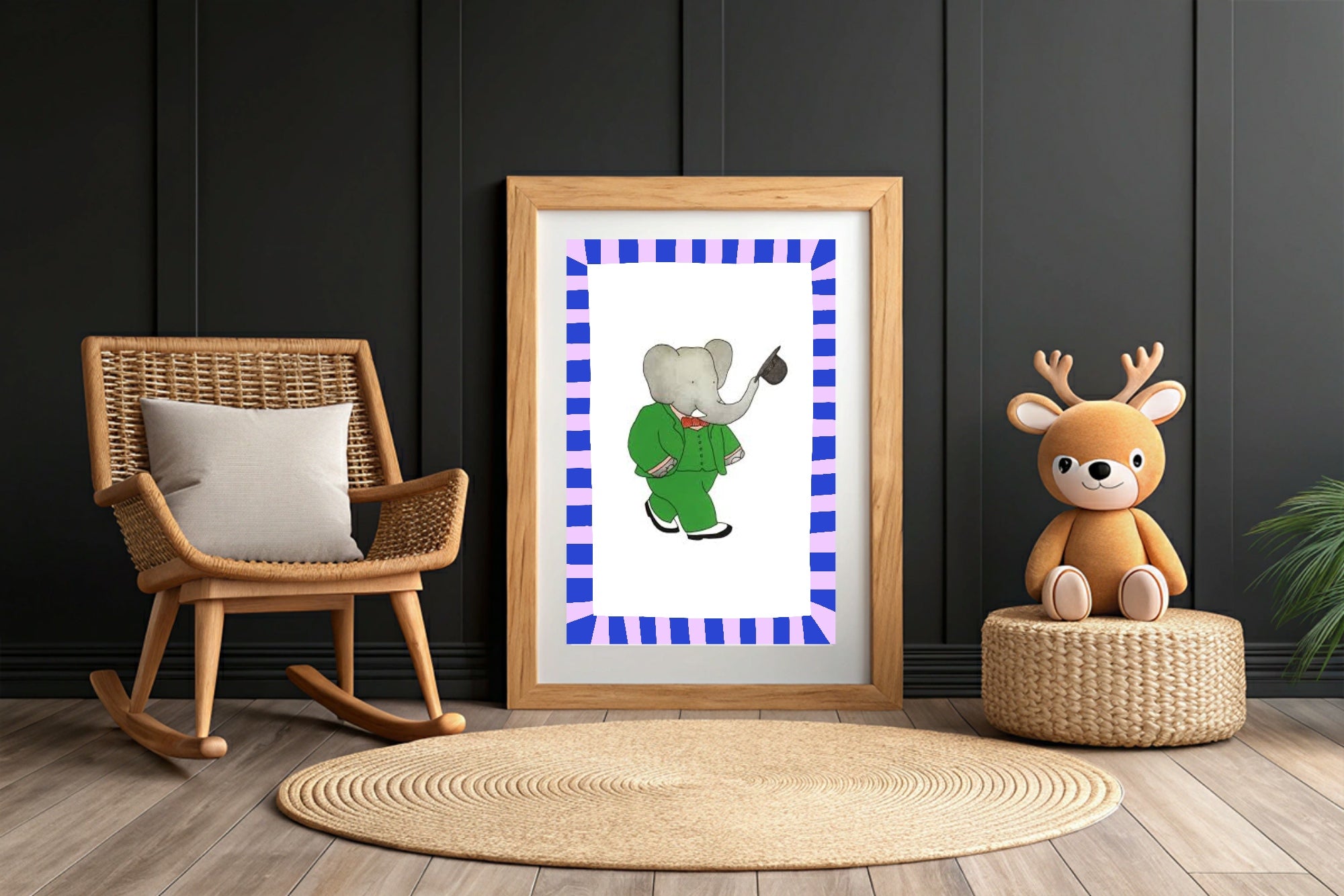Framed artwork of a cartoon character on a wall with a rocking chair and plush toy in the foreground.