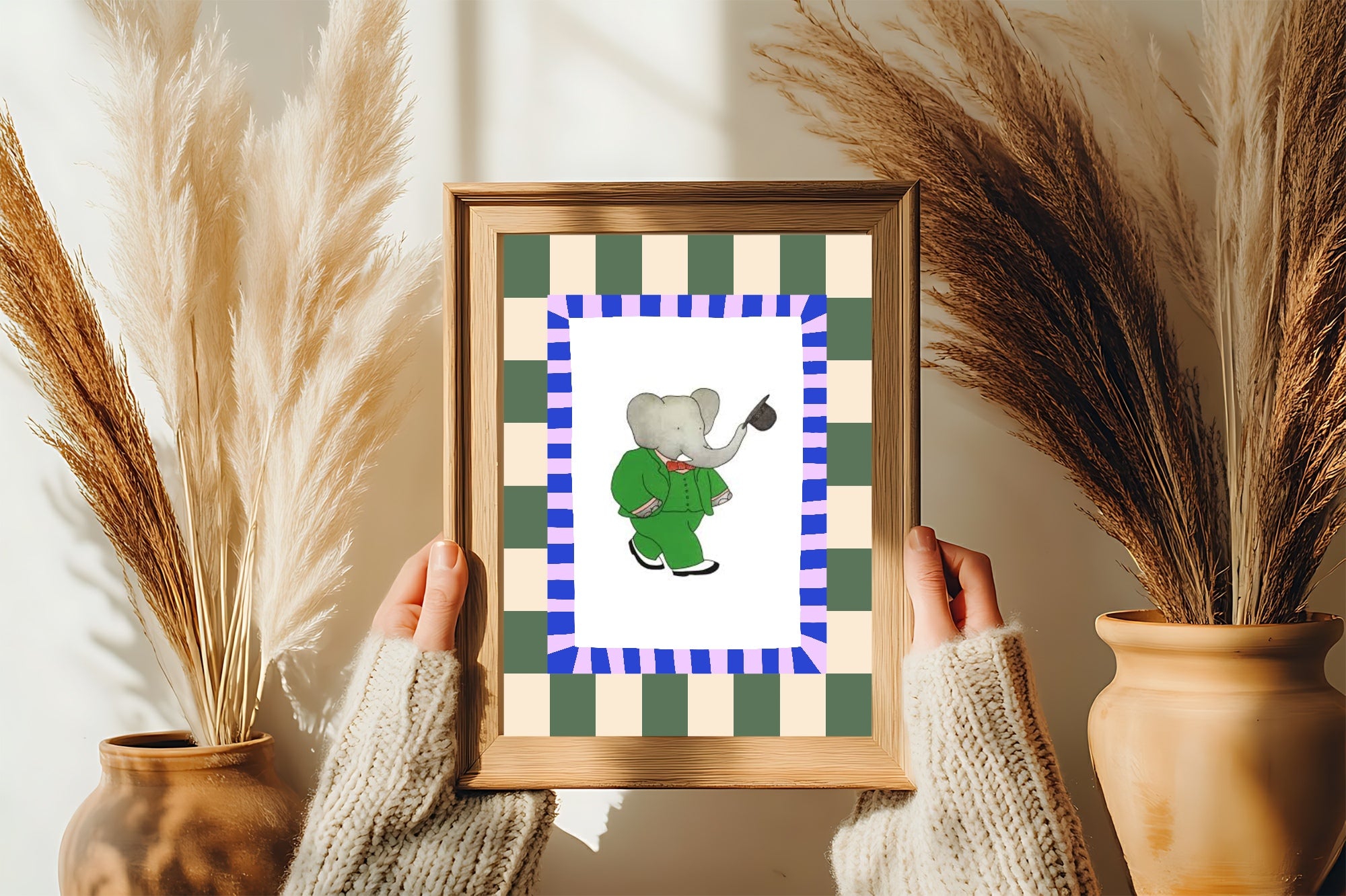 Babar The Elephant Wall Art Print | Green, Beige & Purple Border