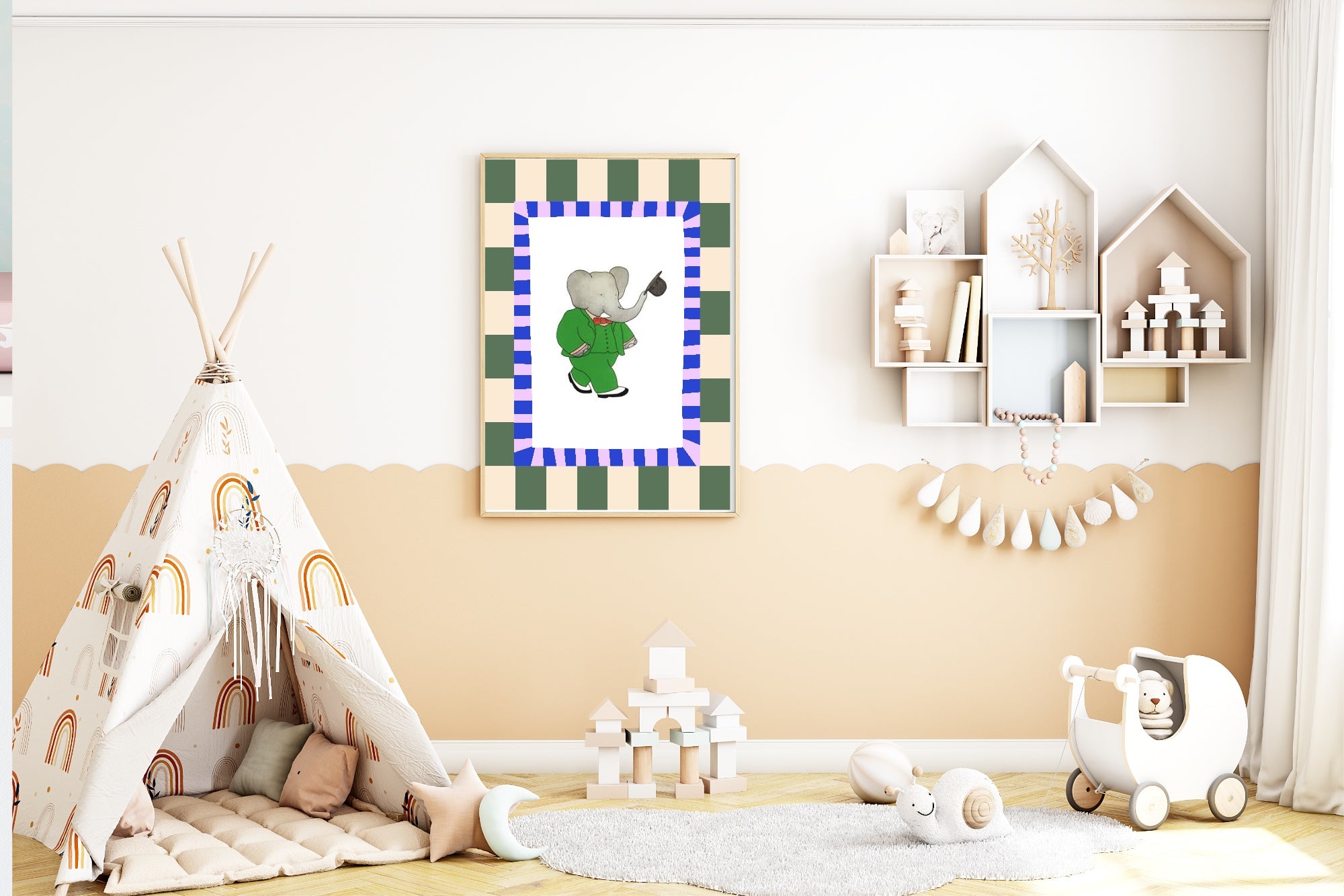 Babar The Elephant Wall Art Print | Green, Beige & Purple Border