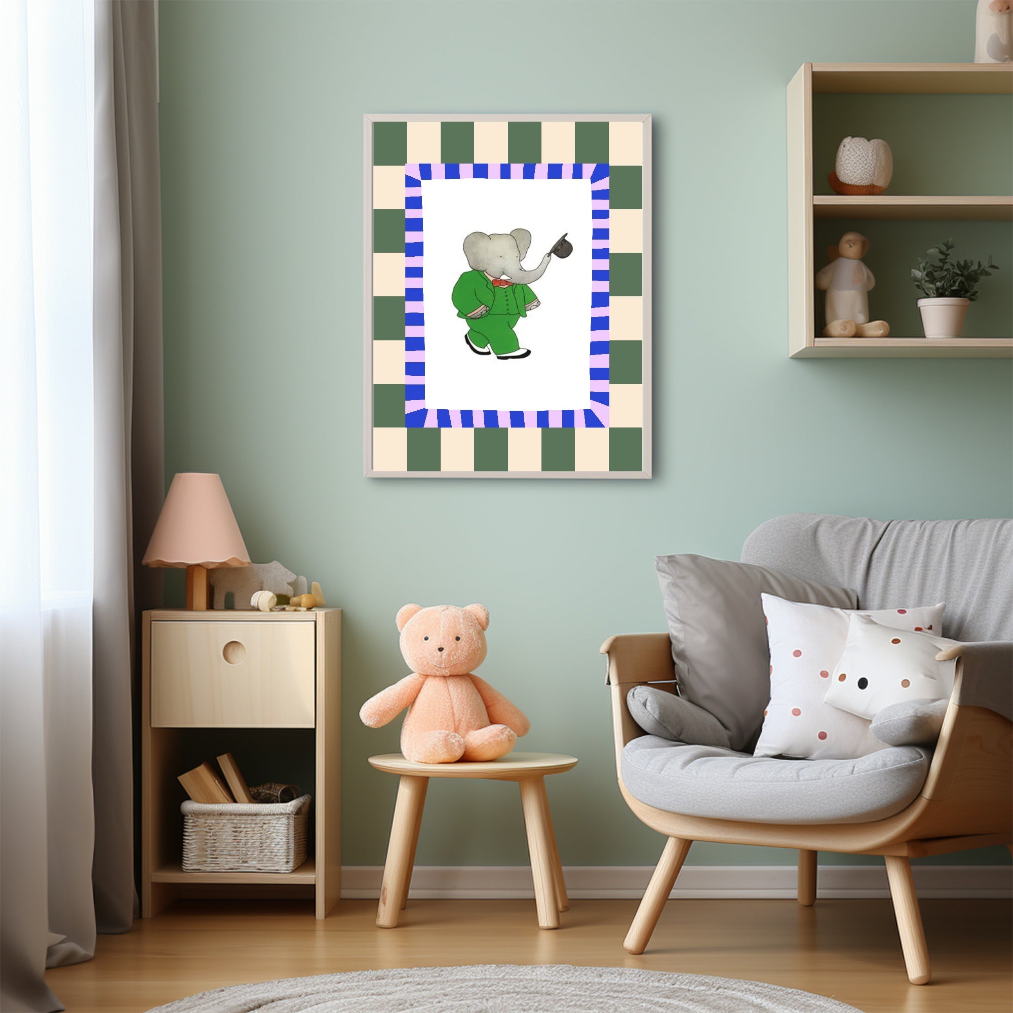 Babar The Elephant Wall Art Print | Green, Beige & Stars Border