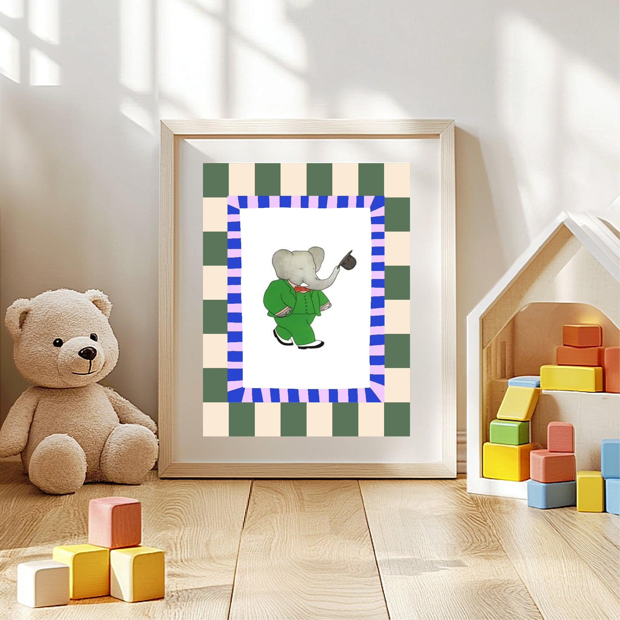 Babar The Elephant Wall Art Print | Green, Beige & Purple Border