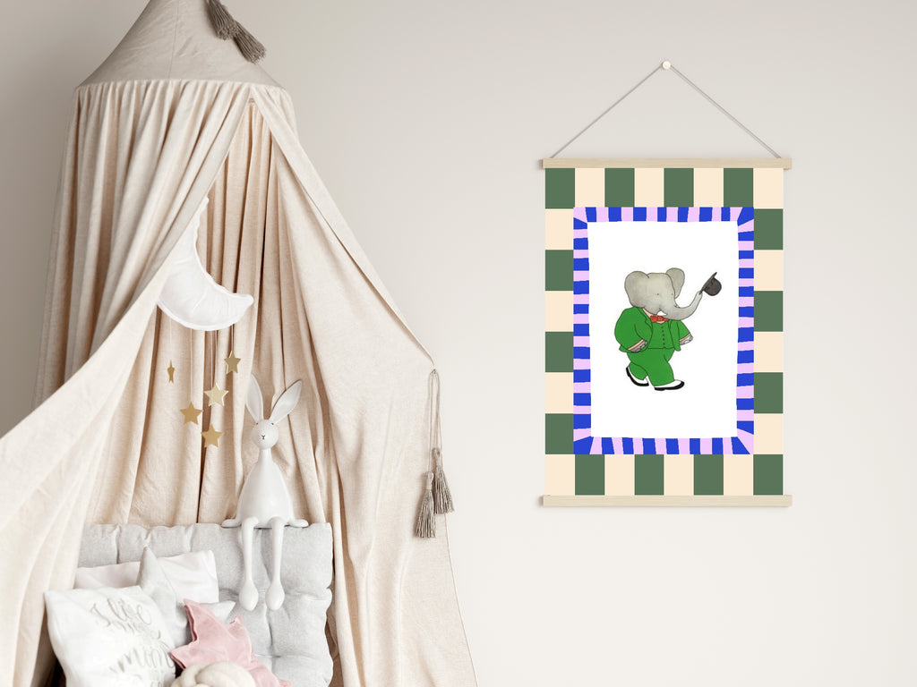 Babar The Elephant Wall Art Print | Green, Beige & Purple Border