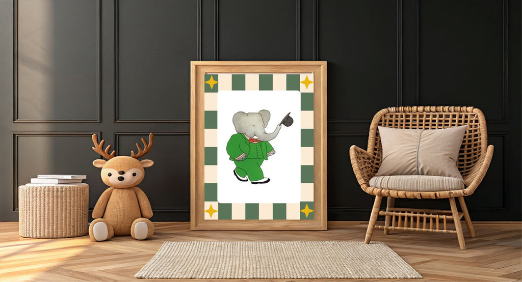Babar The Elephant Wall Art Print | Green, Beige & Stars Border