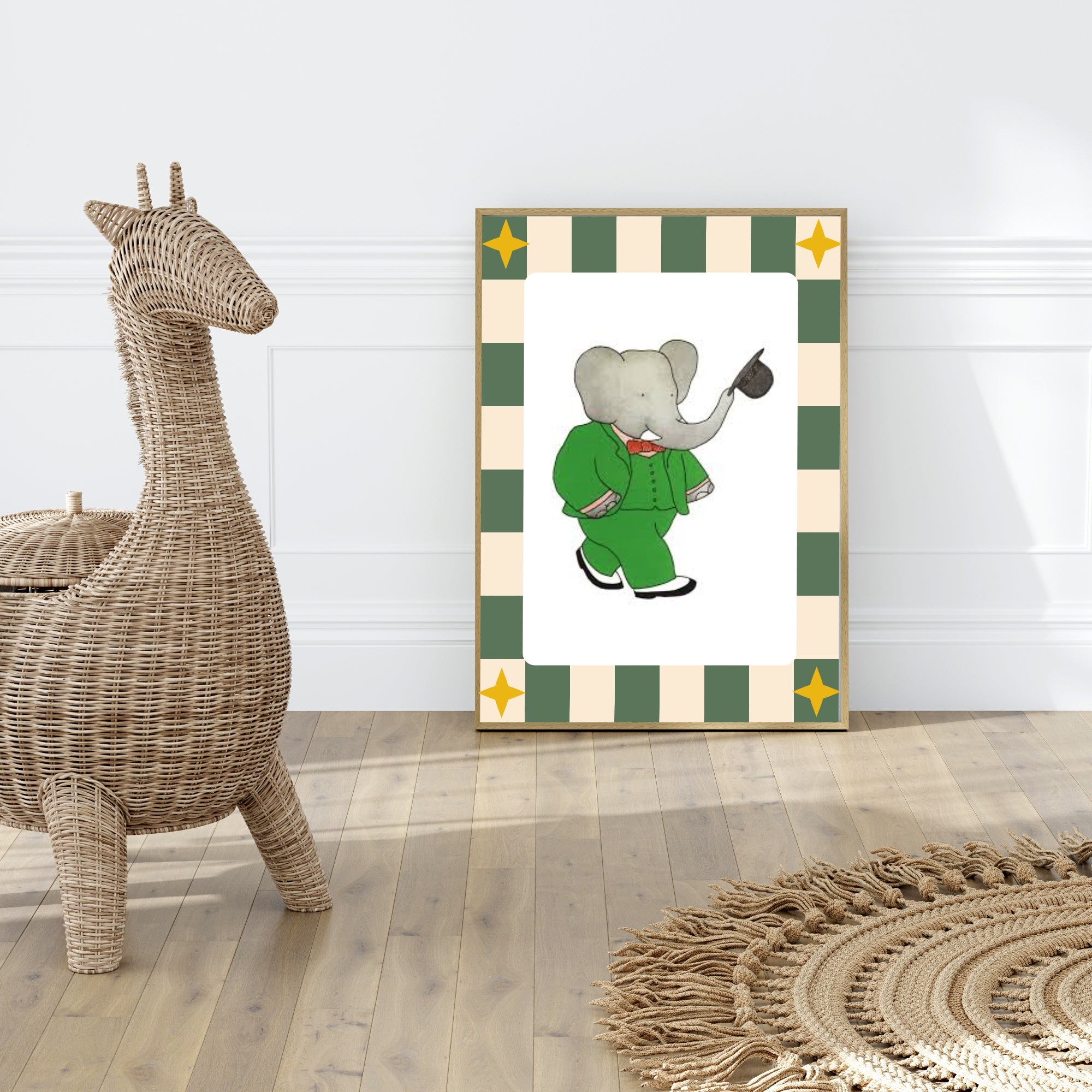 Babar The Elephant Wall Art Print | Green, Beige & Stars Border