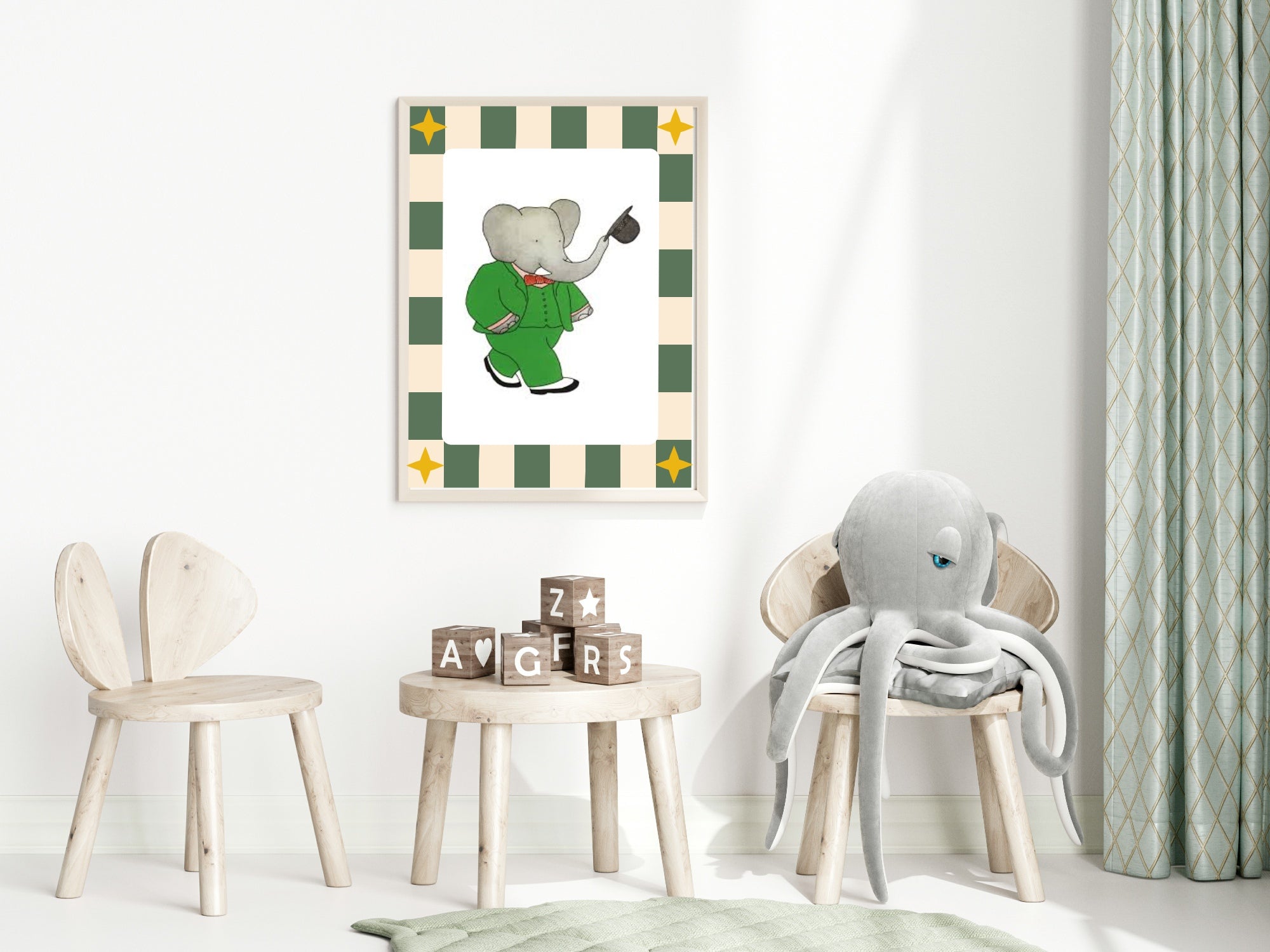 Babar The Elephant Wall Art Print | Green, Beige & Stars Border