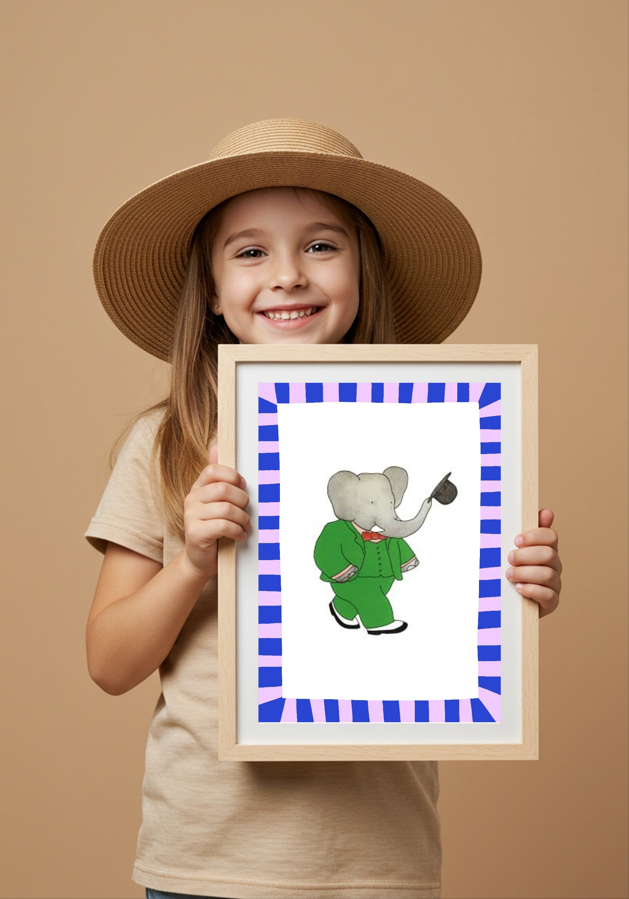 Babar The Elephant Wall Art Print | Purple & Pink Border
