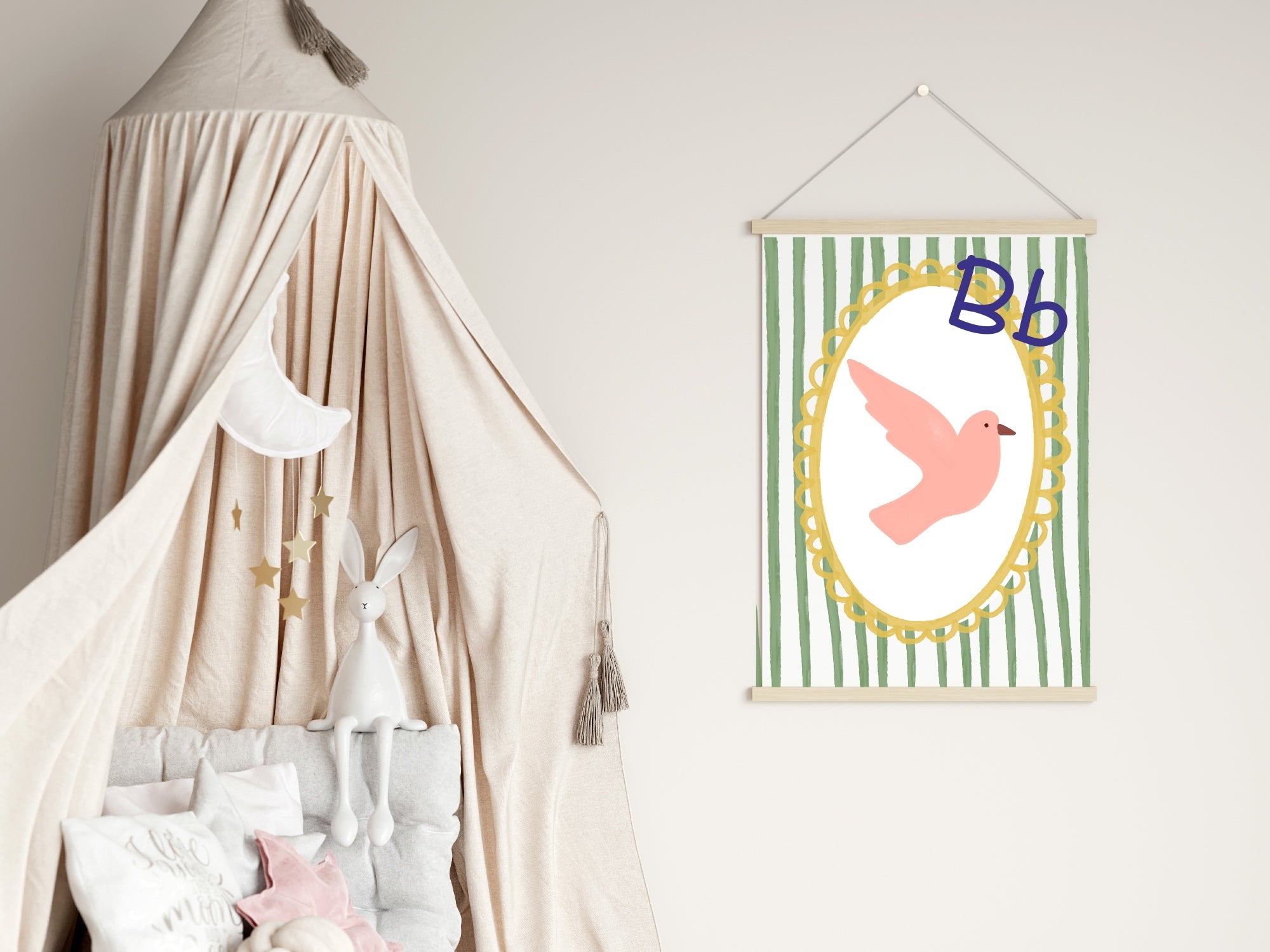 Children's room with a canopy bed and a framed picture of a bird on a green striped background.