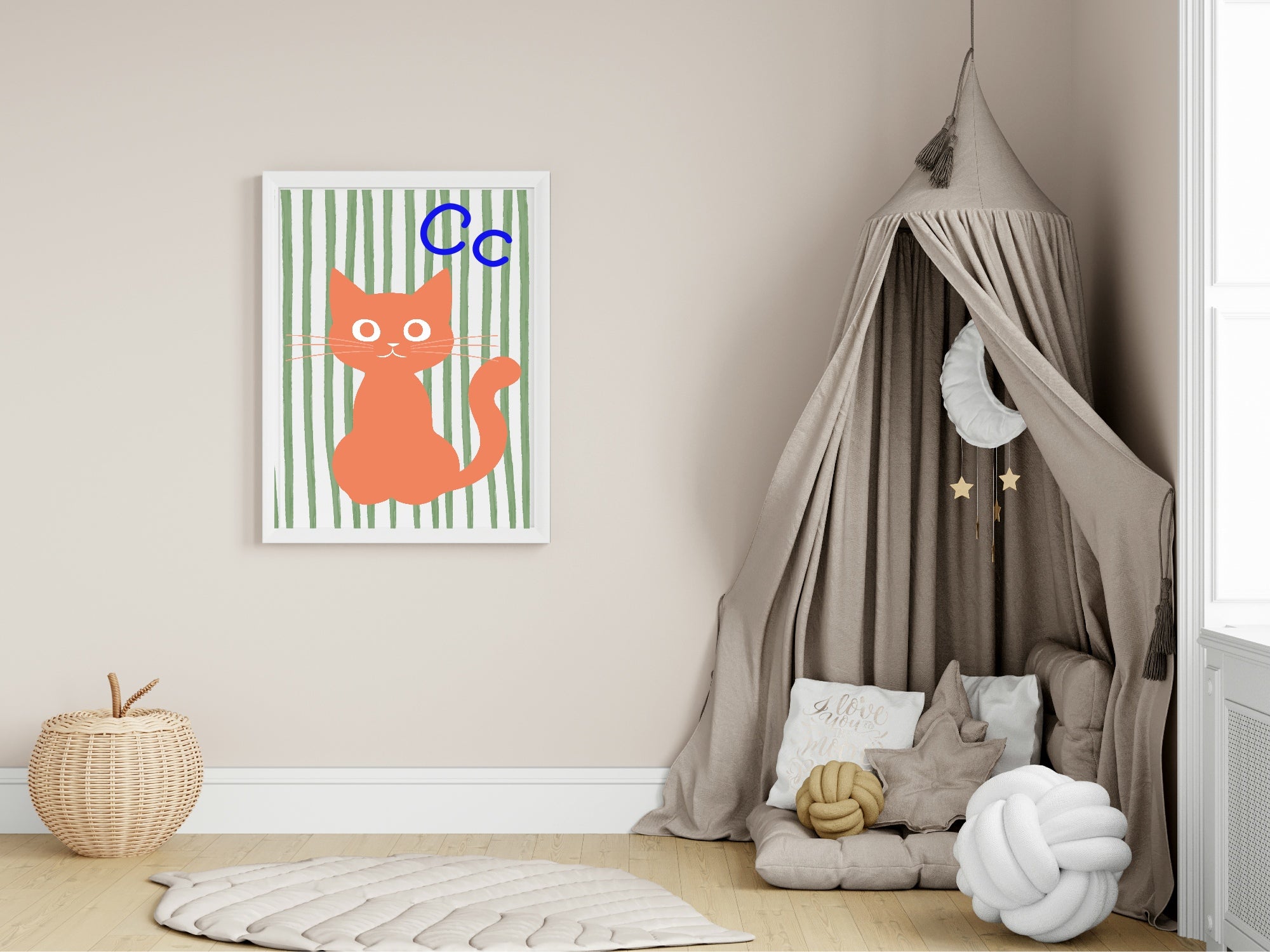 Children's room with a cat illustration on the wall, draped canopy, and toys.