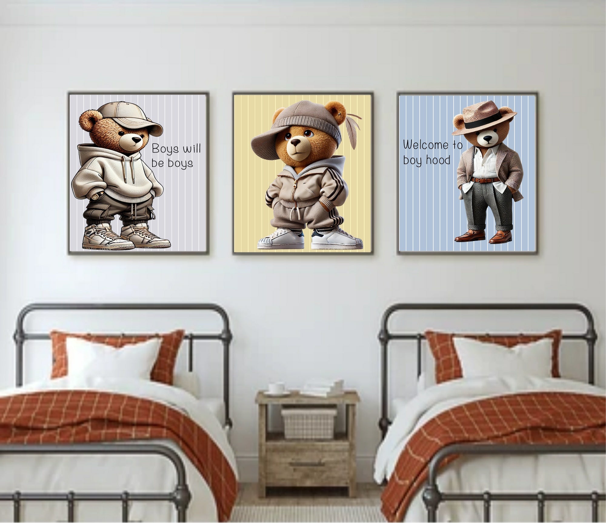 Pinstripe Teddy Boys Will Be Boys Wall Art Print