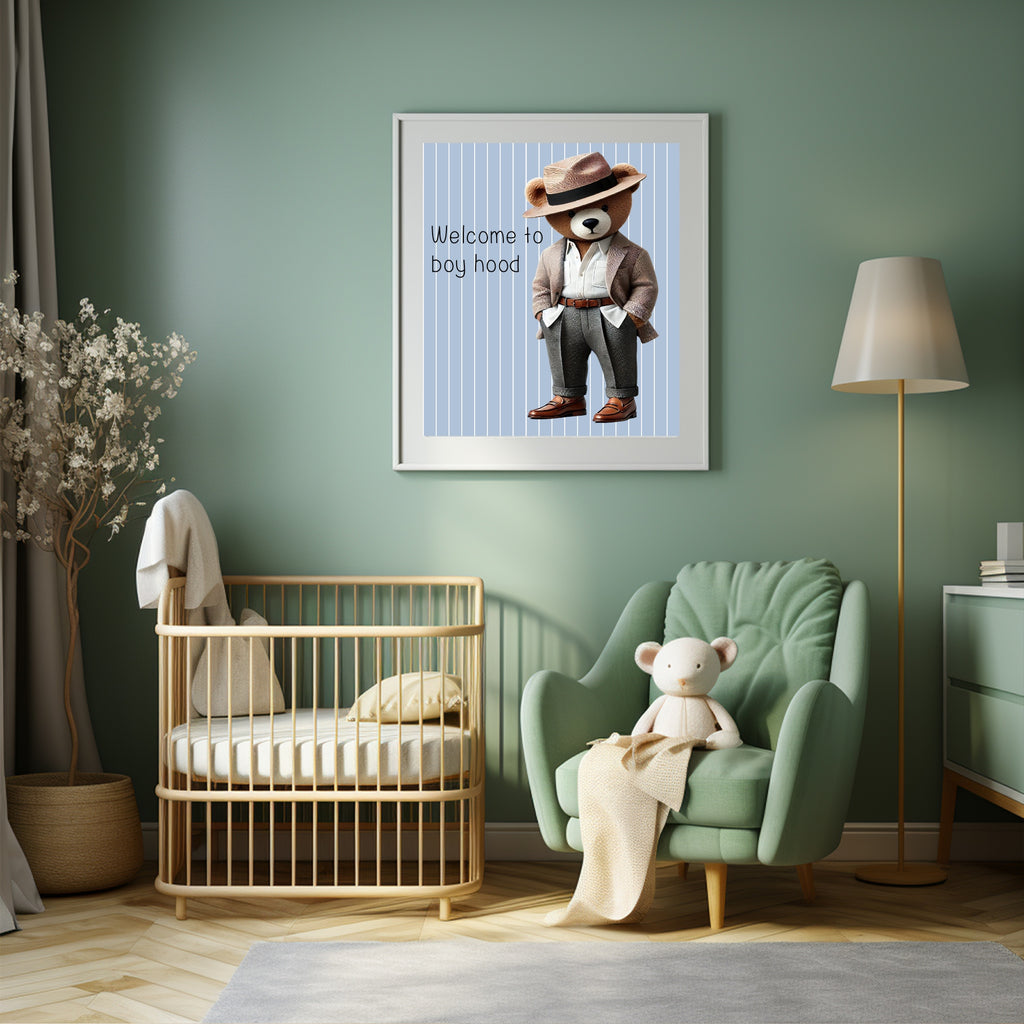 Pinstripe Teddy Welcome To Boyhood Wall Art Print