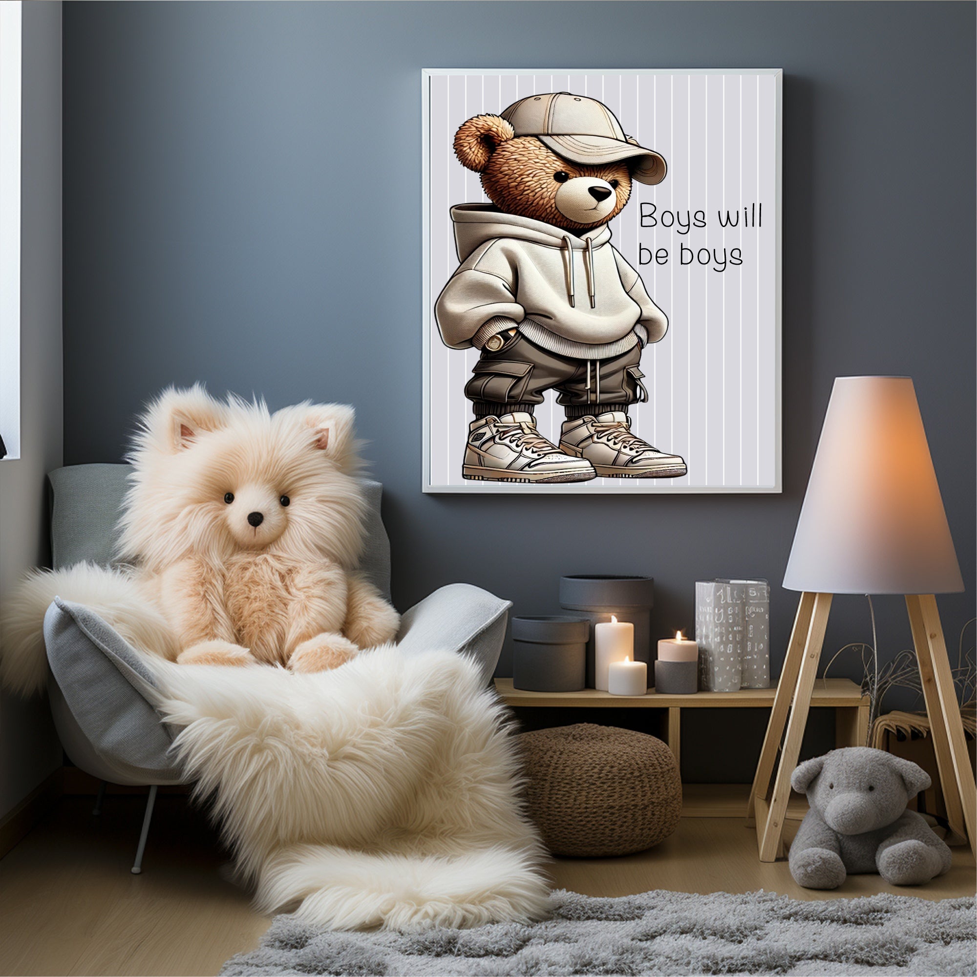 Pinstripe Teddy Boys Will Be Boys Wall Art Print