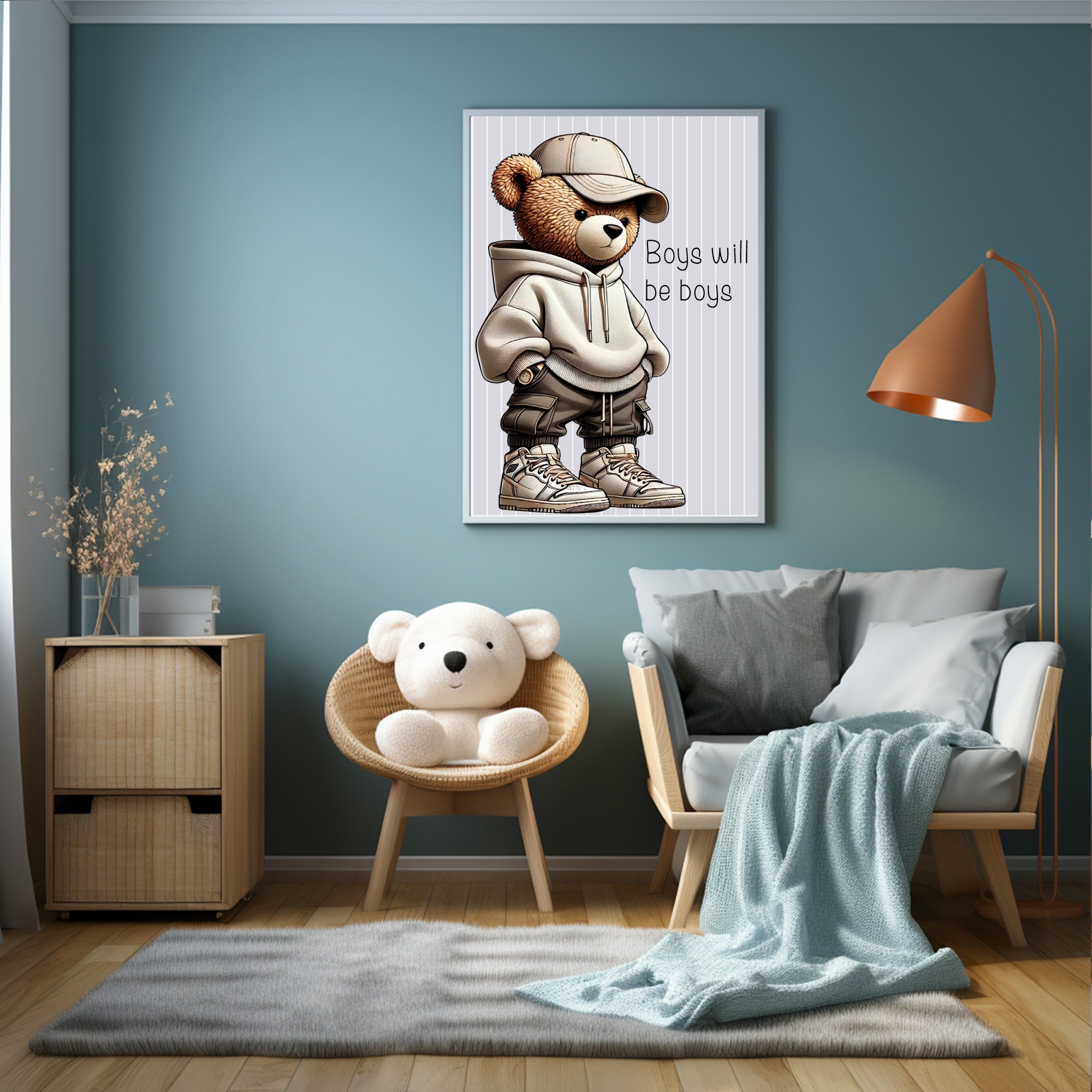 Pinstripe Teddy Boys Will Be Boys Wall Art Print