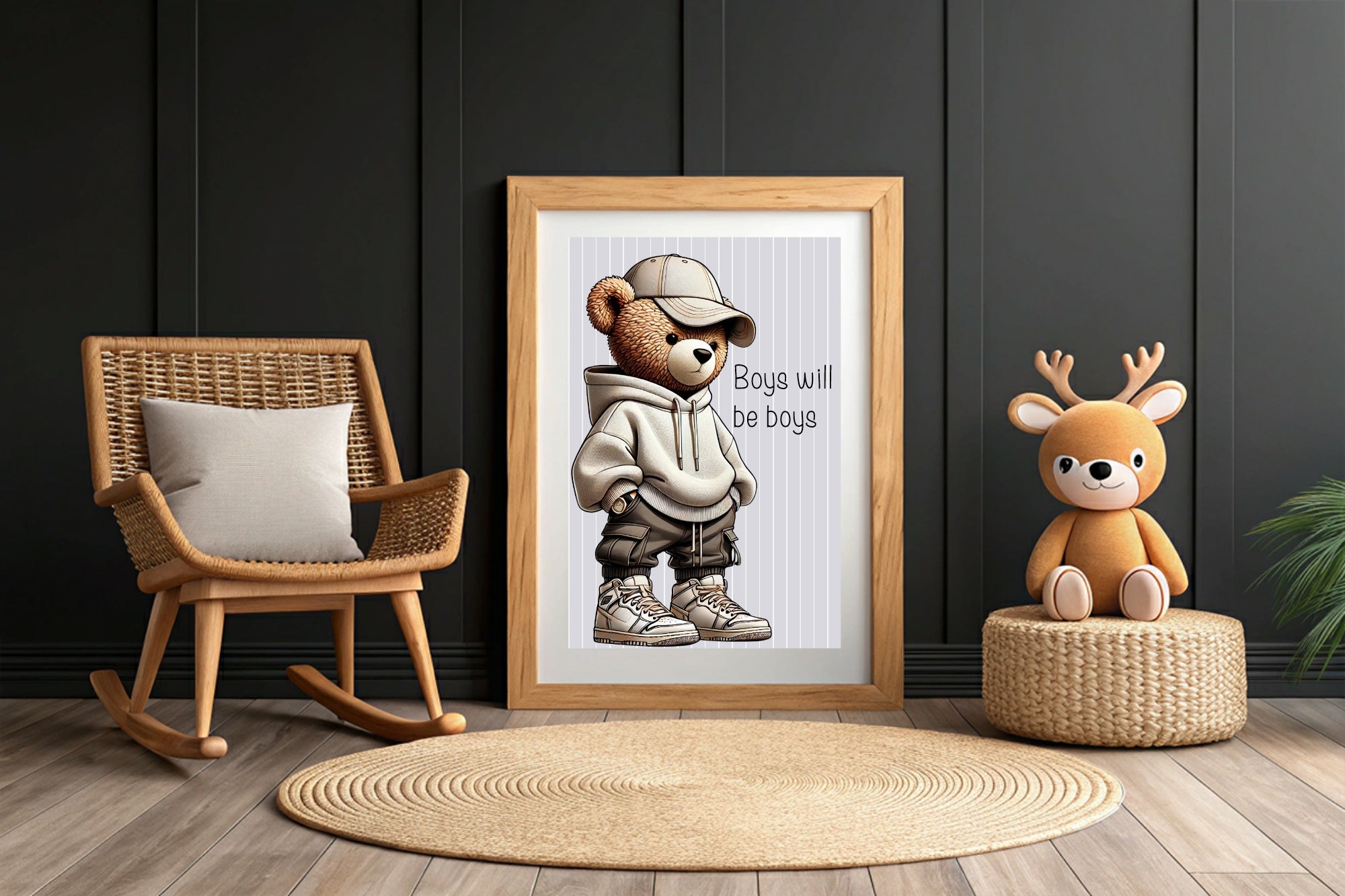 Pinstripe Teddy Boys Will Be Boys Wall Art Print