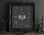 A black ornate frame containing a dark gray sign with white script text and antler artwork, displayed on a wooden surface against a dark textured wall with black candles.