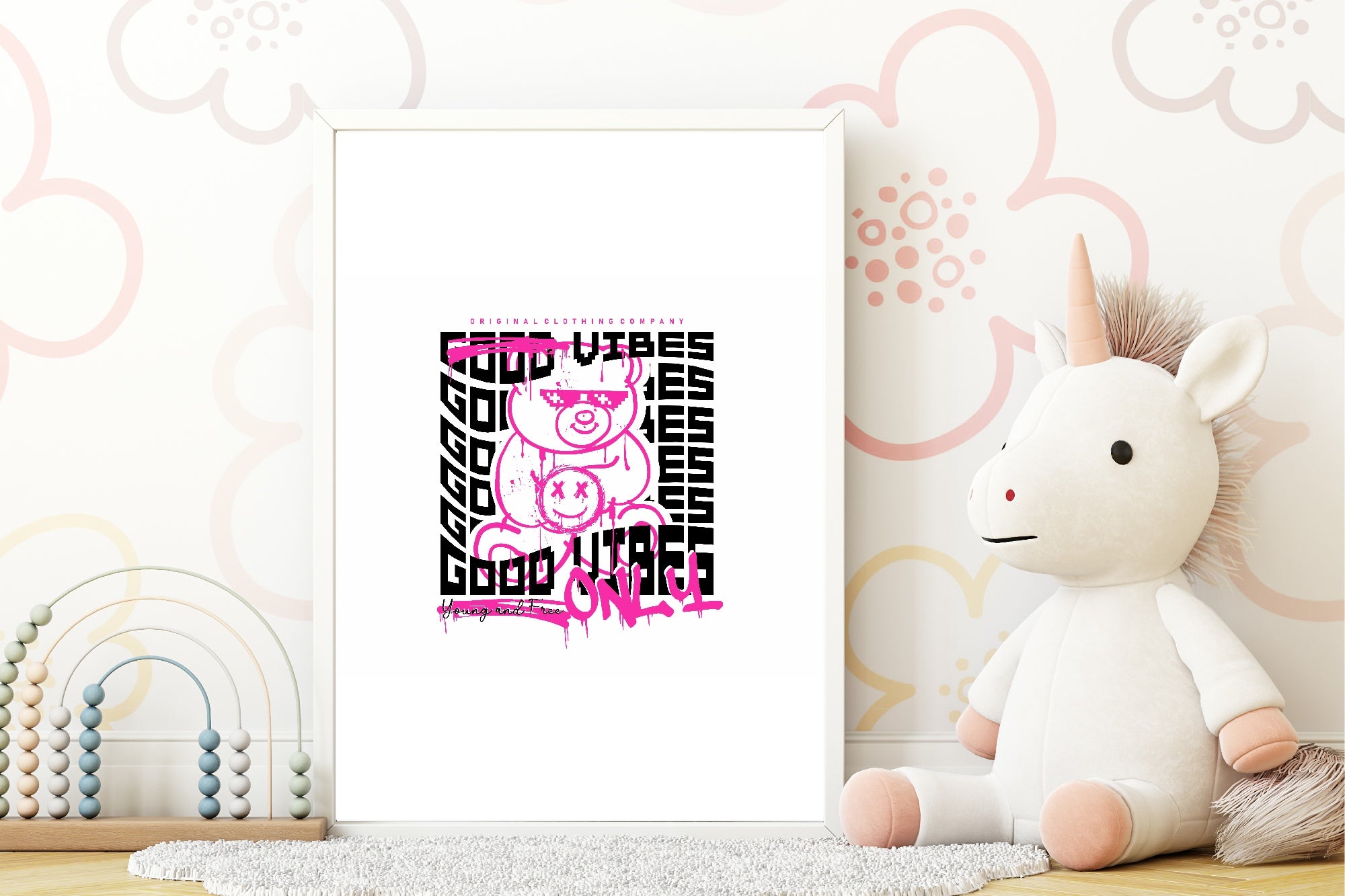 Pink Good Vibes Teddy Print | Positive Wall Art