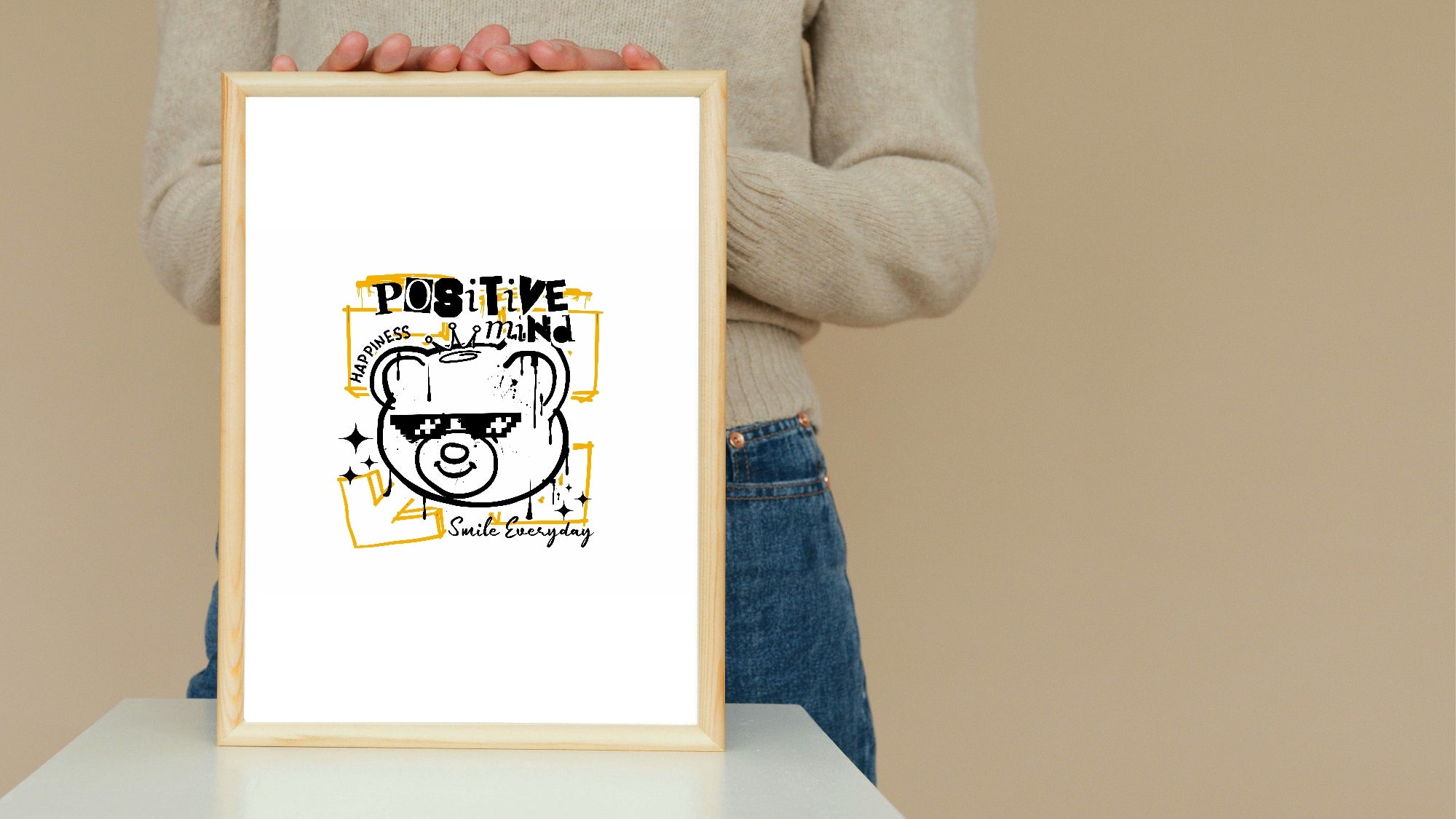 Yellow Positive Mind Teddy Wall Art Print